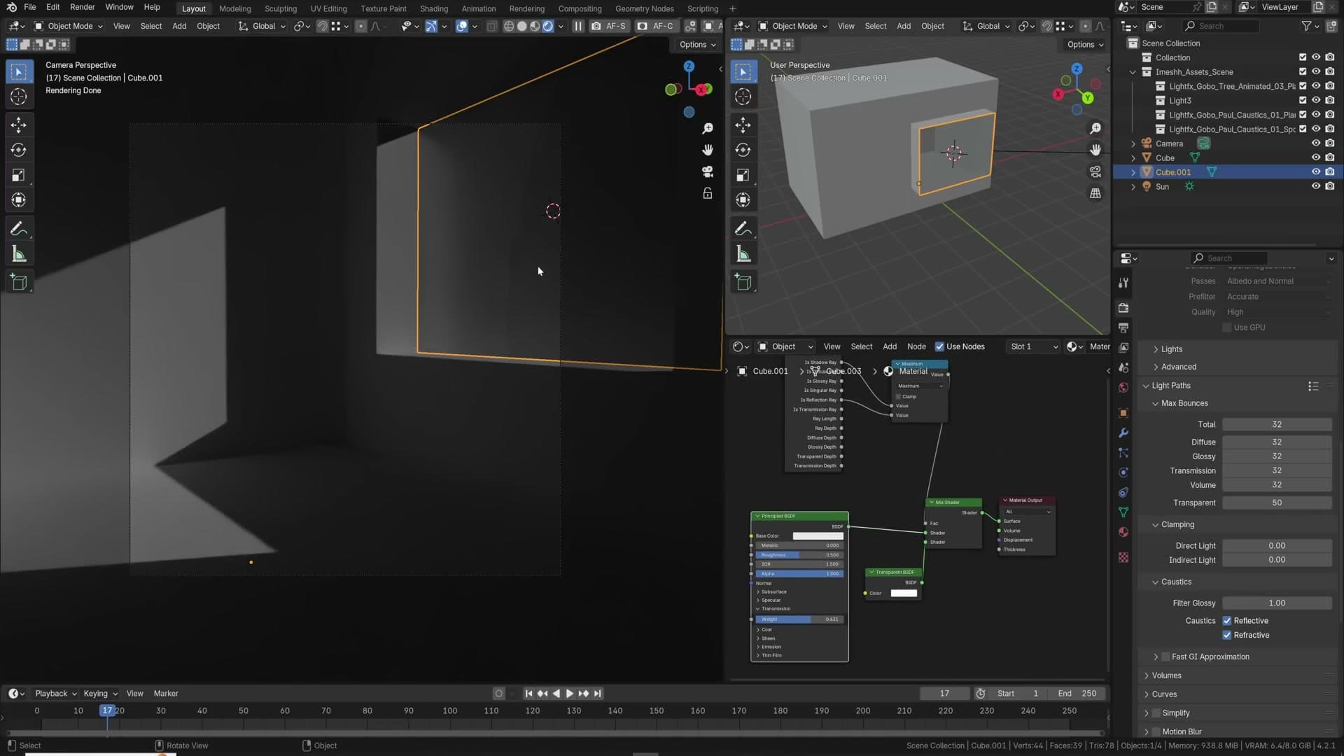 Light Path → Is Shadow/Reflection driving a transparent BSDF so sunlight passes through architectural glass.