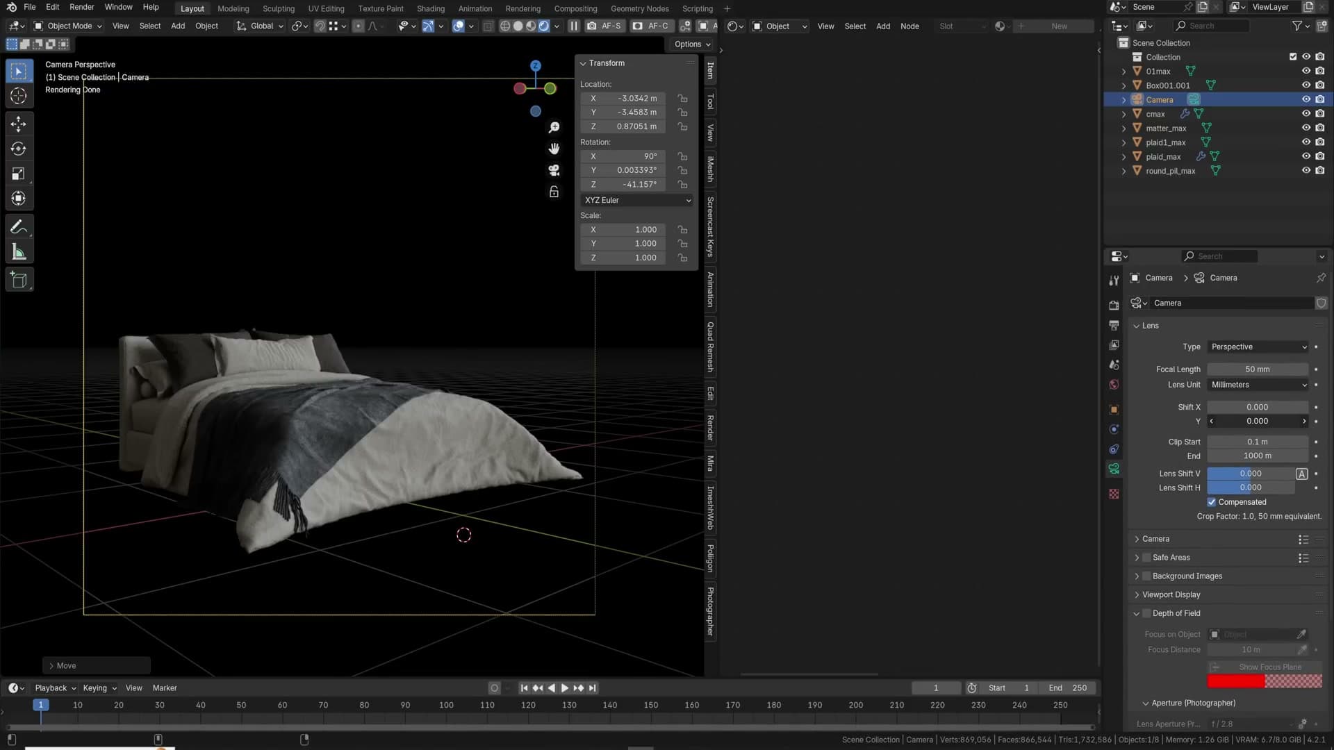 Shift Y reframes the bed without tilting the camera and breaking the verticals.
