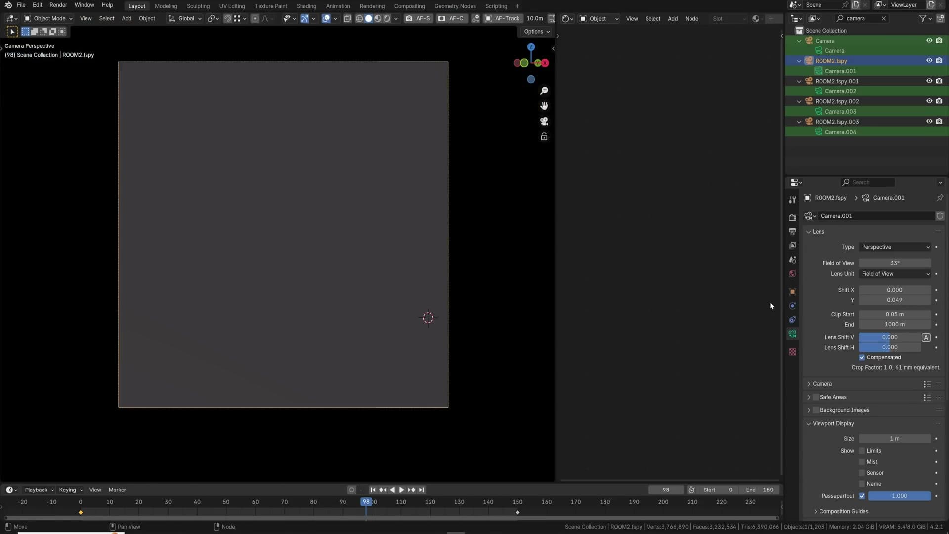 Increasing Clip Start to push the camera through a back wall and see the whole room.