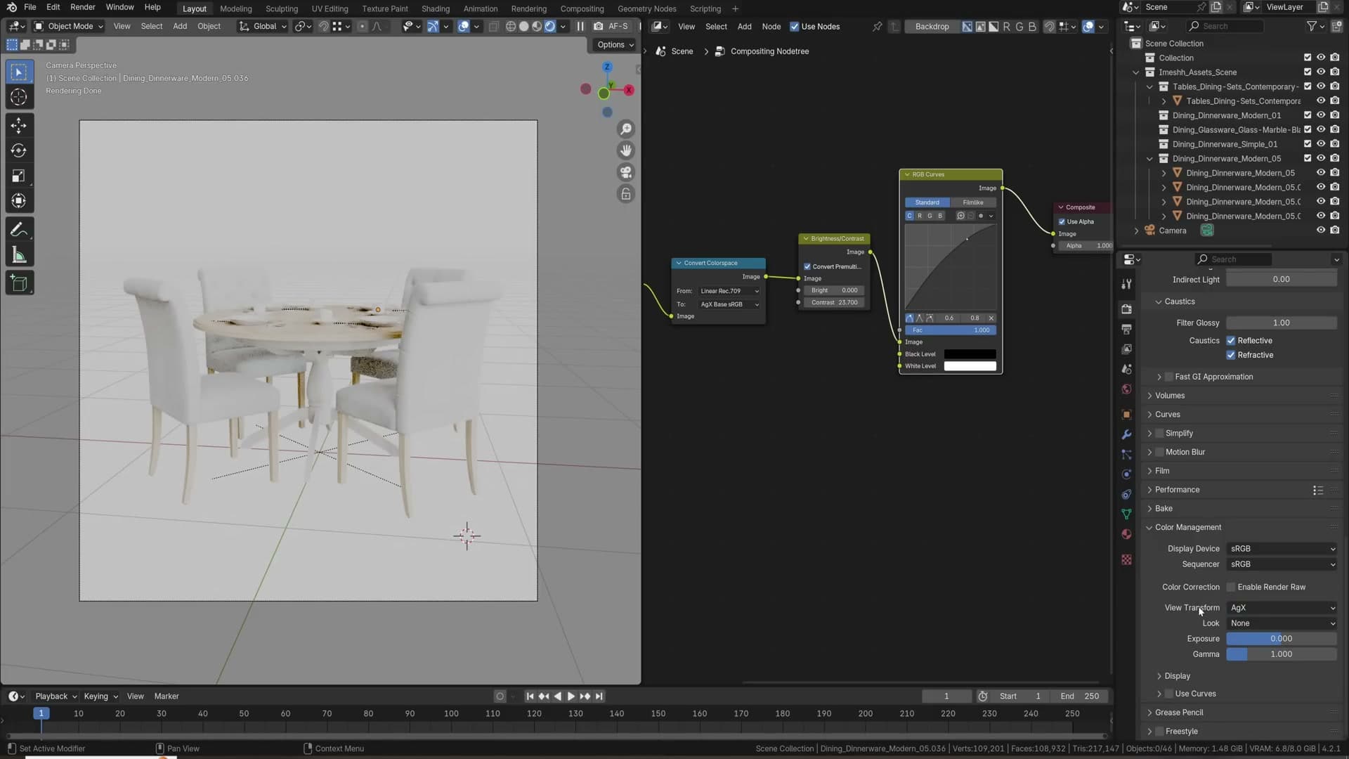 View transform set to Raw, Convert Color Space from Linear Rec.709 → AGX Base before curves and brightness/contrast.