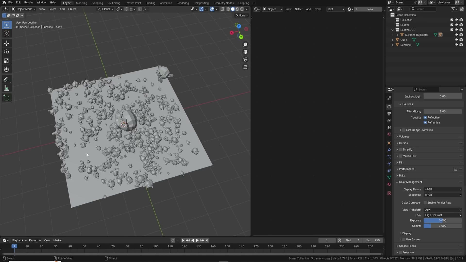 Suzanne heads scattered, rotated and scaled across a plane with the Scatter Objects addon.