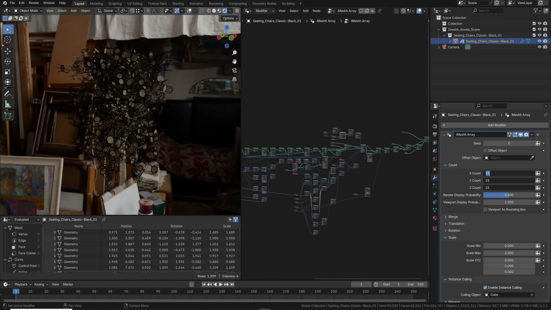 iMeshh array node group culling, randomising and scaling chairs across a grid.