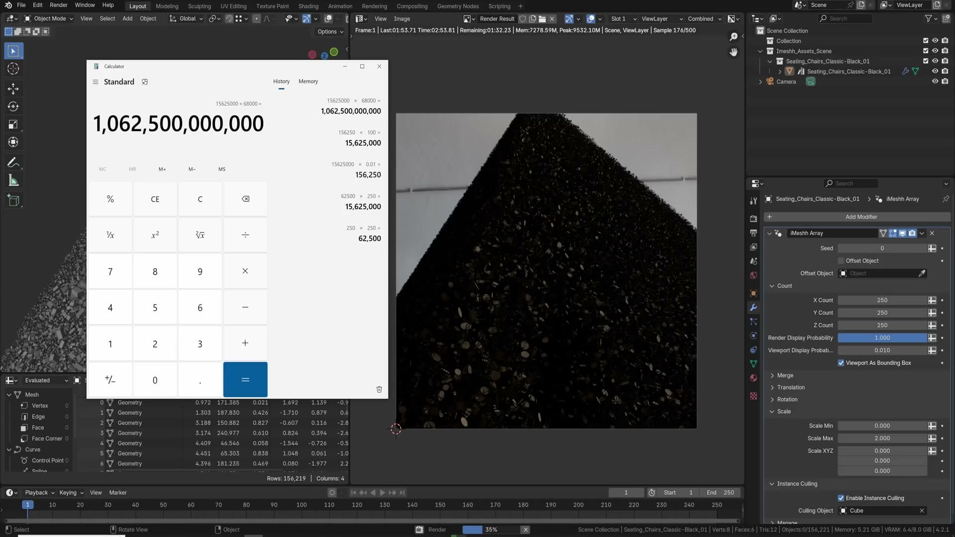 Rendered preview reporting roughly 15 million chairs, a trillion faces, at no viewport cost.