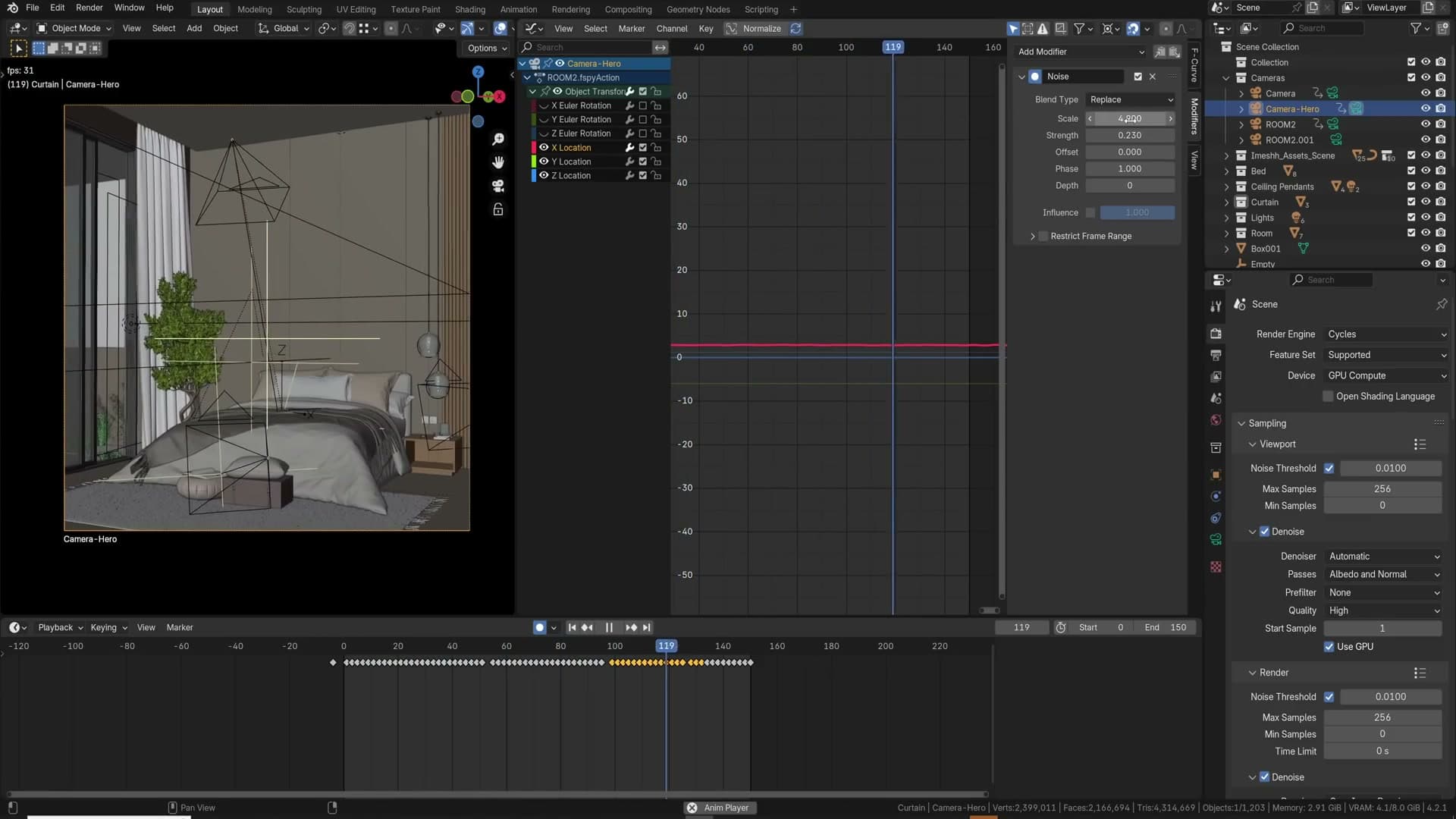 Depth → Normalise → Color Ramp → Defocus node graph for post-render focus pulls.
