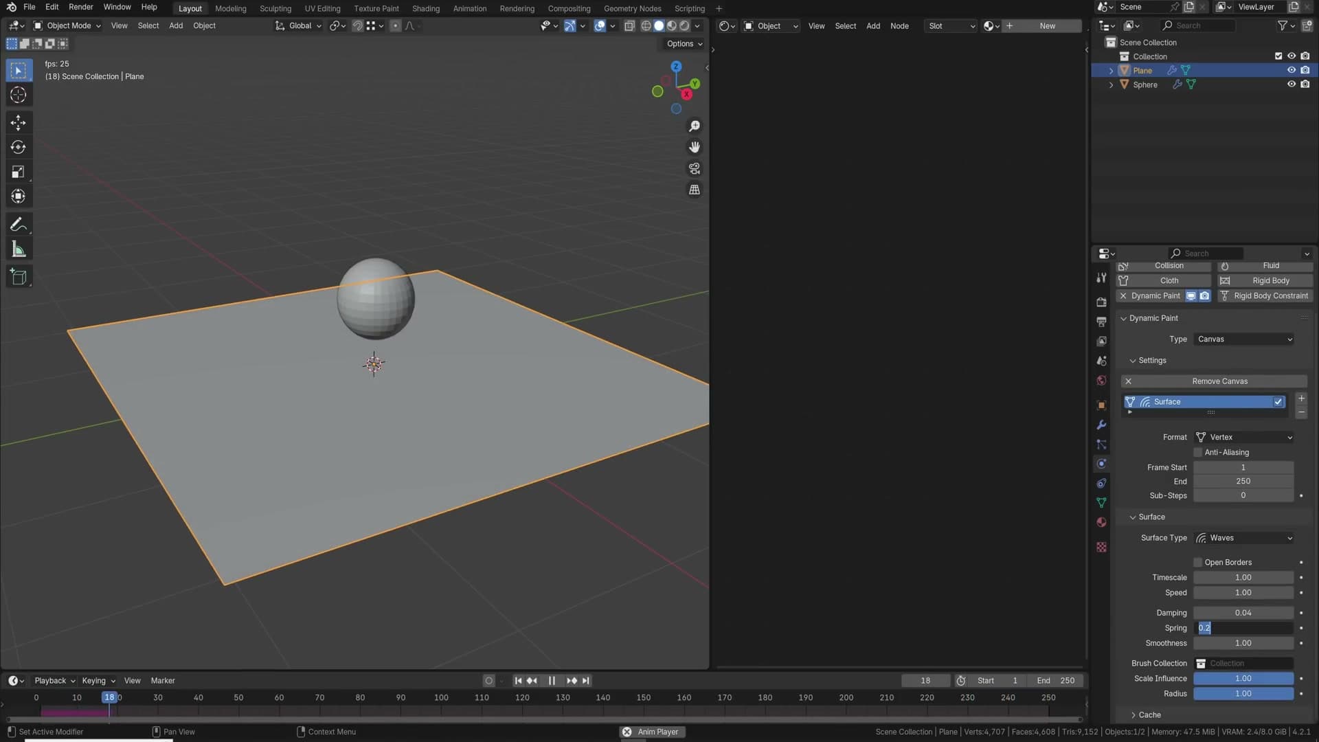 UV sphere brush rippling a subdivided plane canvas set to Waves.