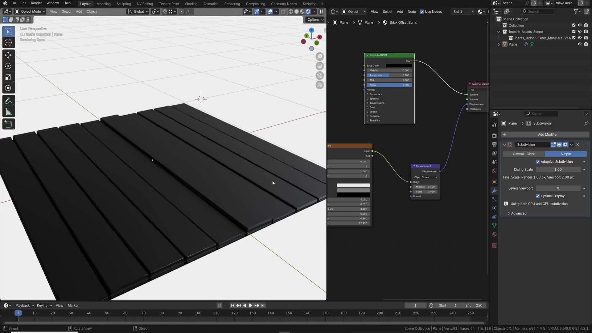 Triangle-soup geometry producing displacement artifacts compared to a clean quad mesh.