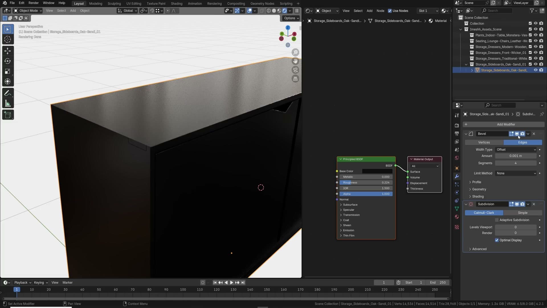 Edge highlights popping in once a low-radius Bevel modifier is added.