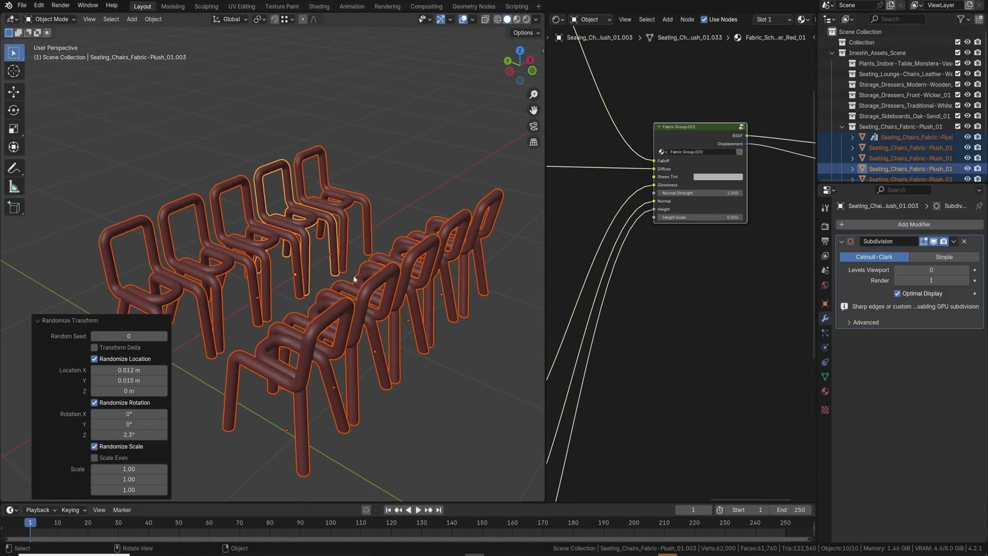 Randomise Transform F3 operator panel with location, rotation and scale toggles.