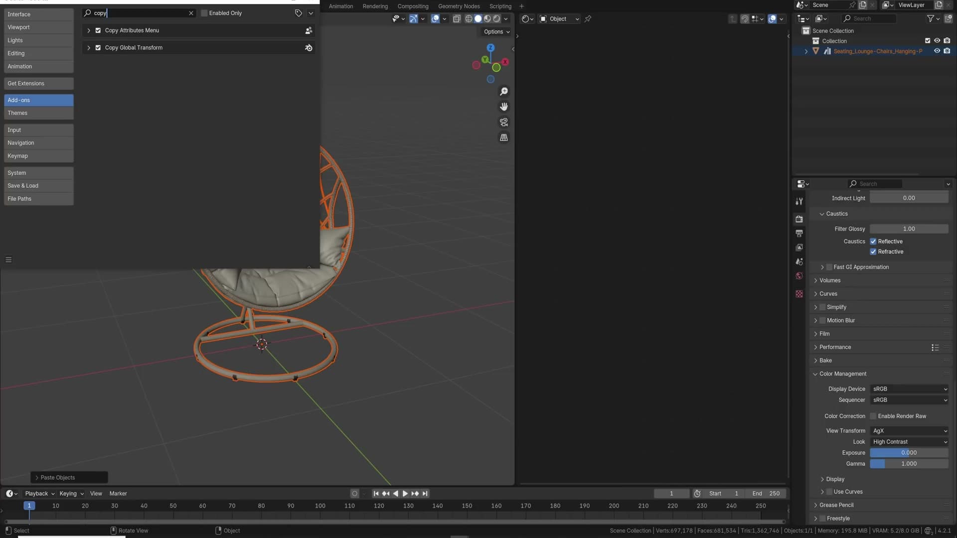 Ctrl+C menu with Copy Rotation, Copy Location and Copy Objects options.