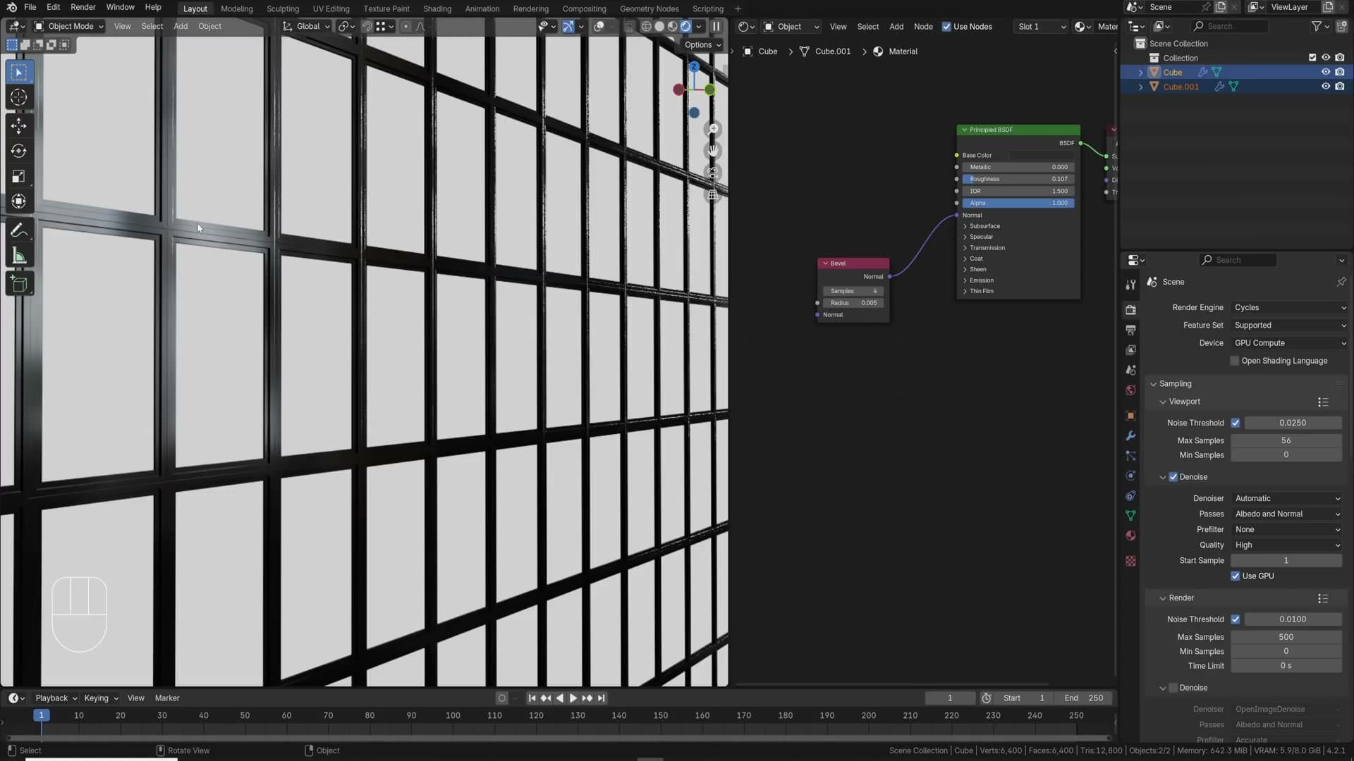Bevel node feeding the normal input gives an office tower edge highlights without extra geometry.