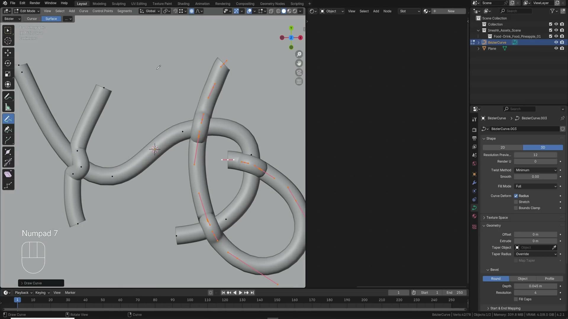 Bezier curve drawn directly across an object surface to make conforming cabling.