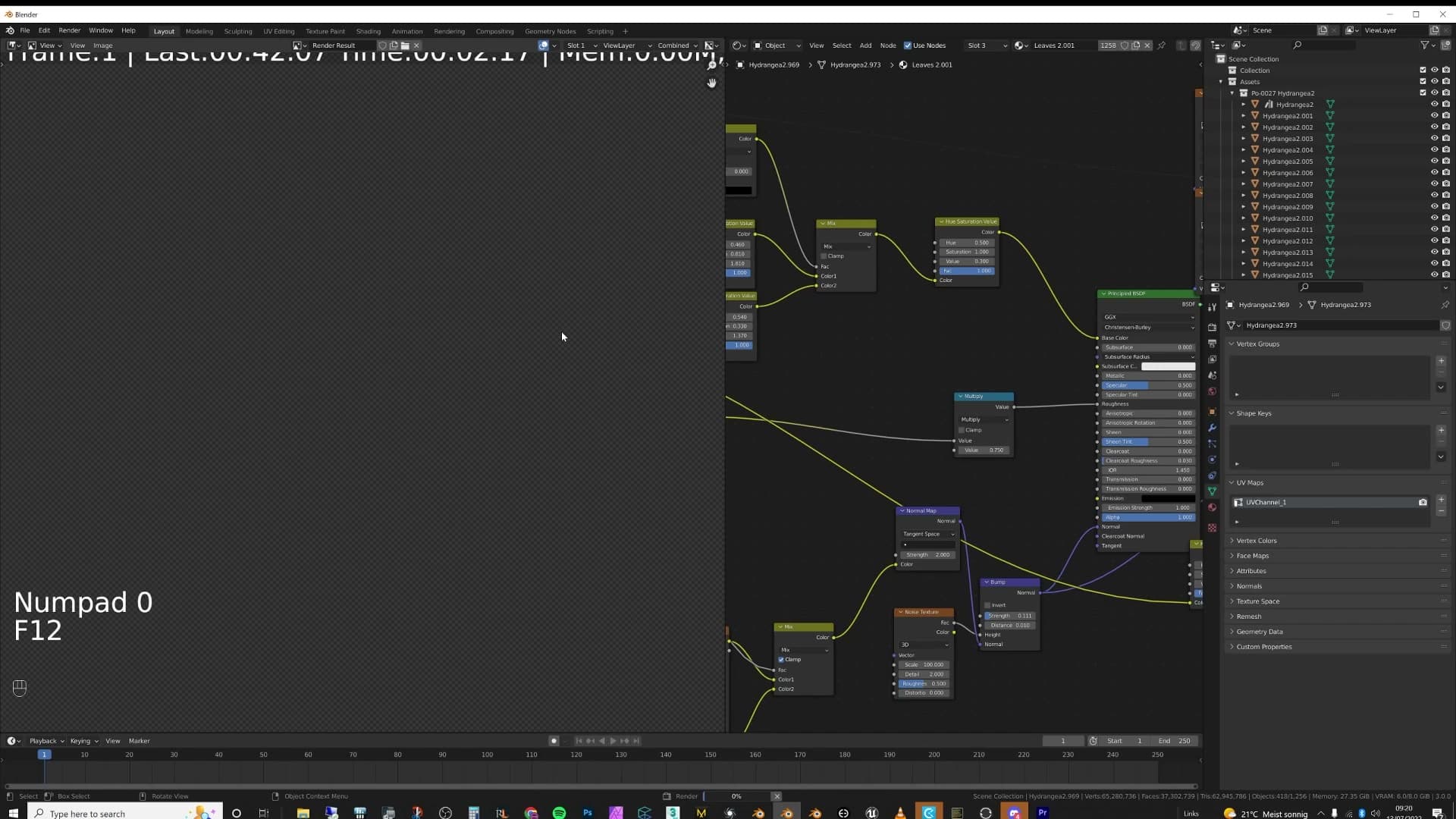 Massive grid of Shift+D plant duplicates with the viewport visibly struggling.