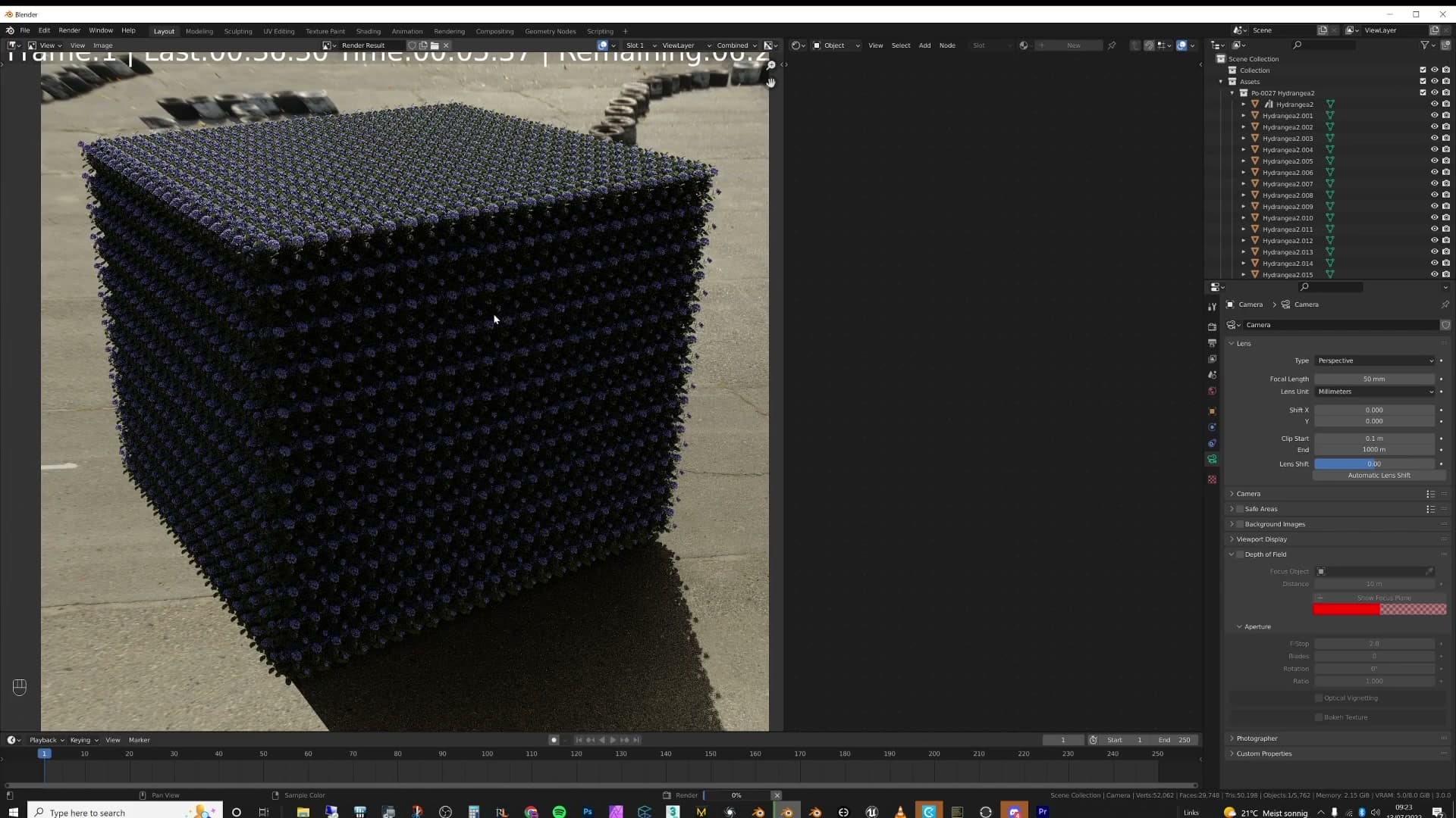 VRAM read-out at 2.8 GB while rendering a scene with thousands of Alt+D instances.