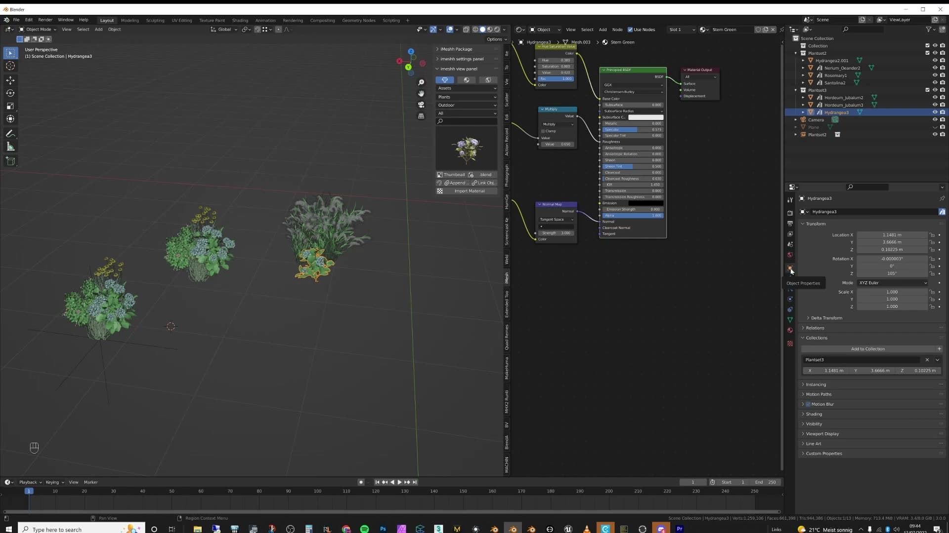 Object Properties showing one plant assigned to both Plant Set 1 and Plant Set 2 collections.