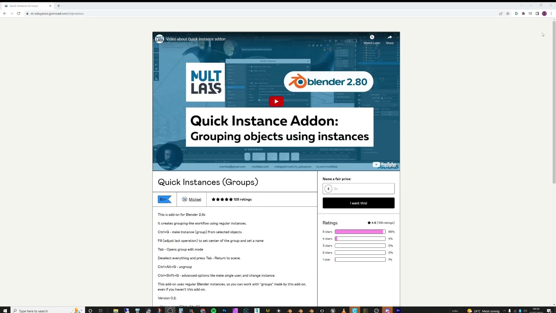 Edit → Preferences → Add-ons panel with Quick Instances enabled and its Ctrl+G hotkey listed.