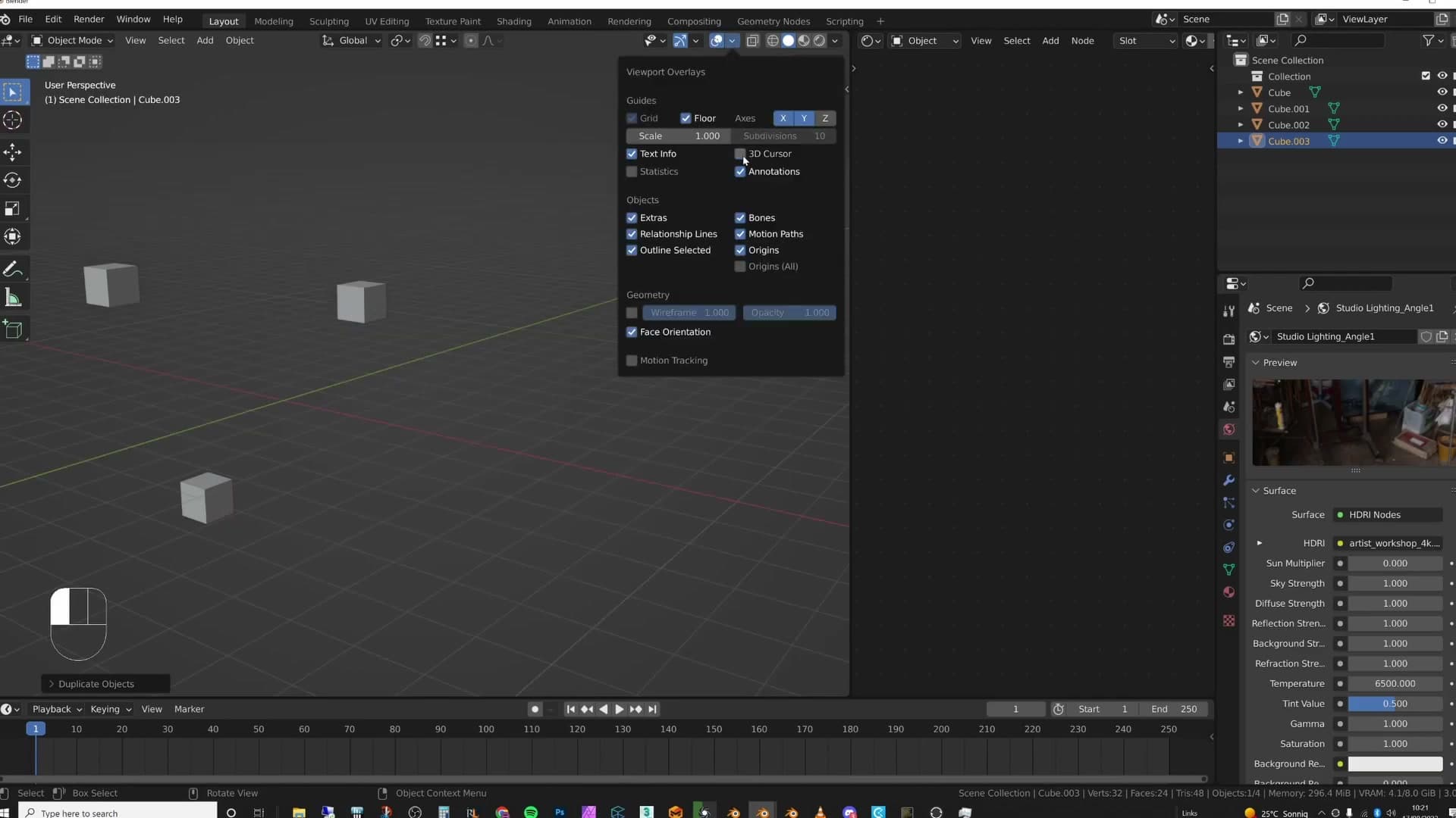 The Overlays dropdown: toggle 3D Cursor here if the crosshair has vanished entirely.