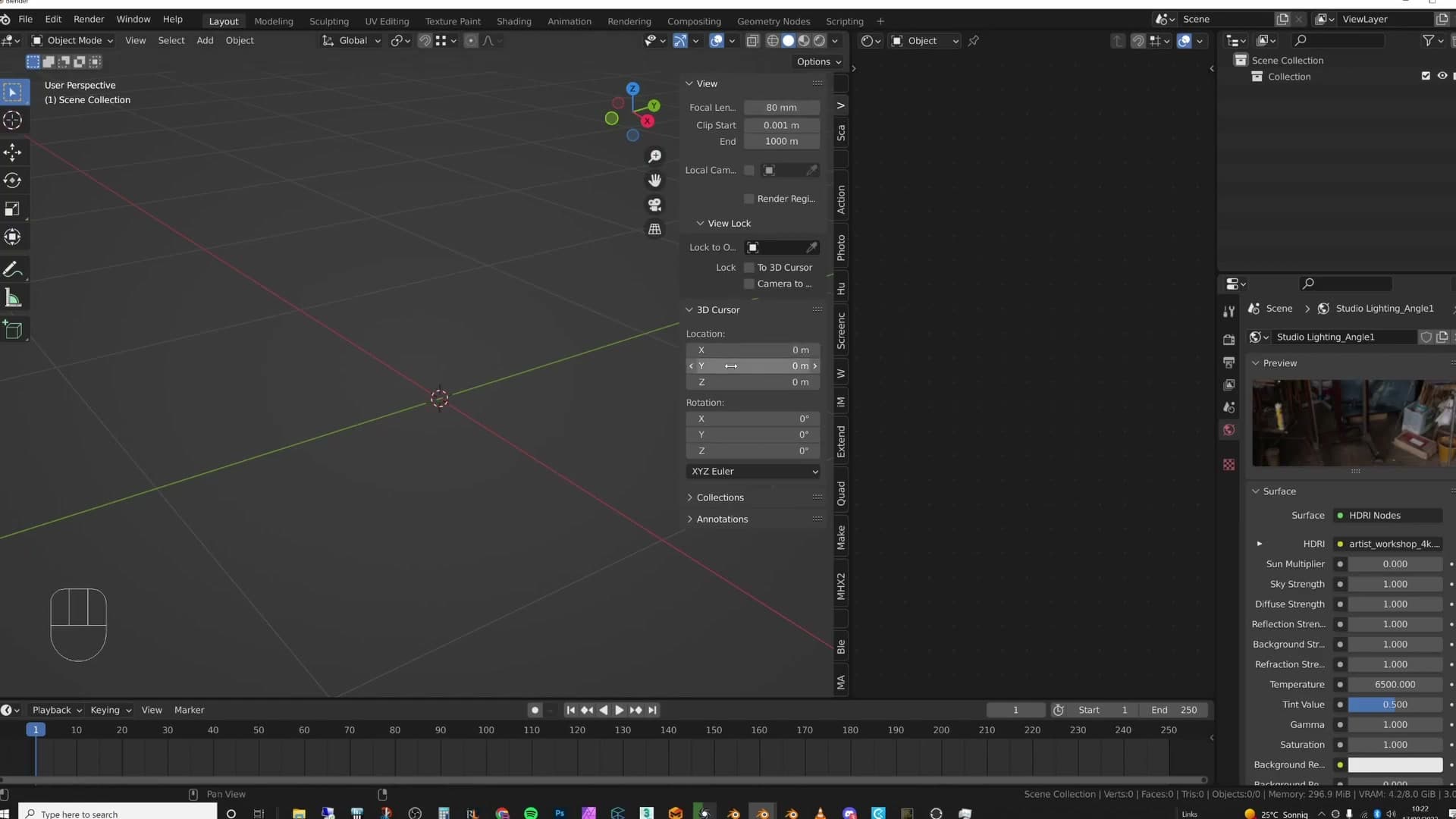 The View tab of the N-panel exposes 3D cursor location and rotation values for precise numeric placement.