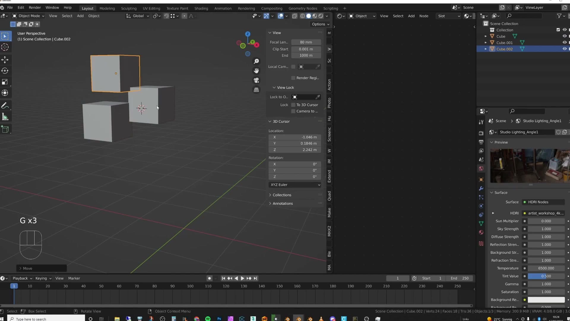 With multiple objects selected, the cursor centres on their average position, useful for setting a shared pivot.