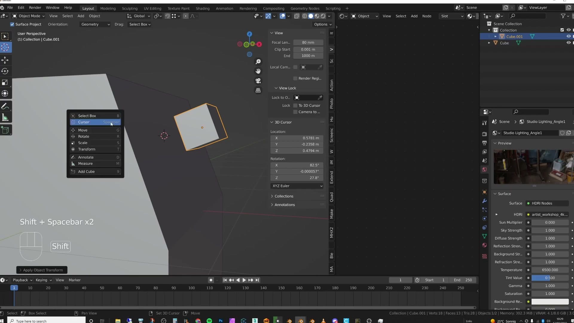 Shift+Space opens the toolbar; the Cursor tool with Orientation set to Geometry makes a left-click snap the cursor's axes to the clicked surface.