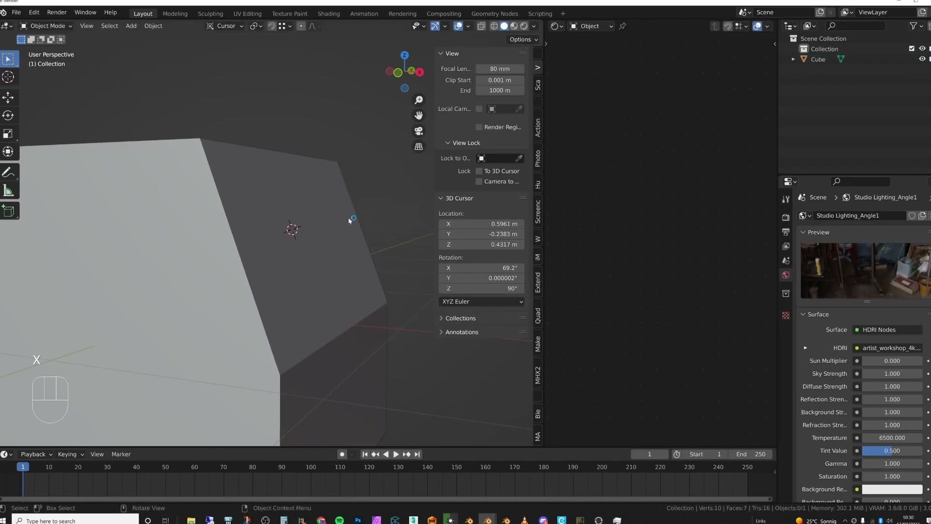 Setting Transform Orientation to Cursor: the gizmo aligns to the cursor's rotated axes instead of the world's.