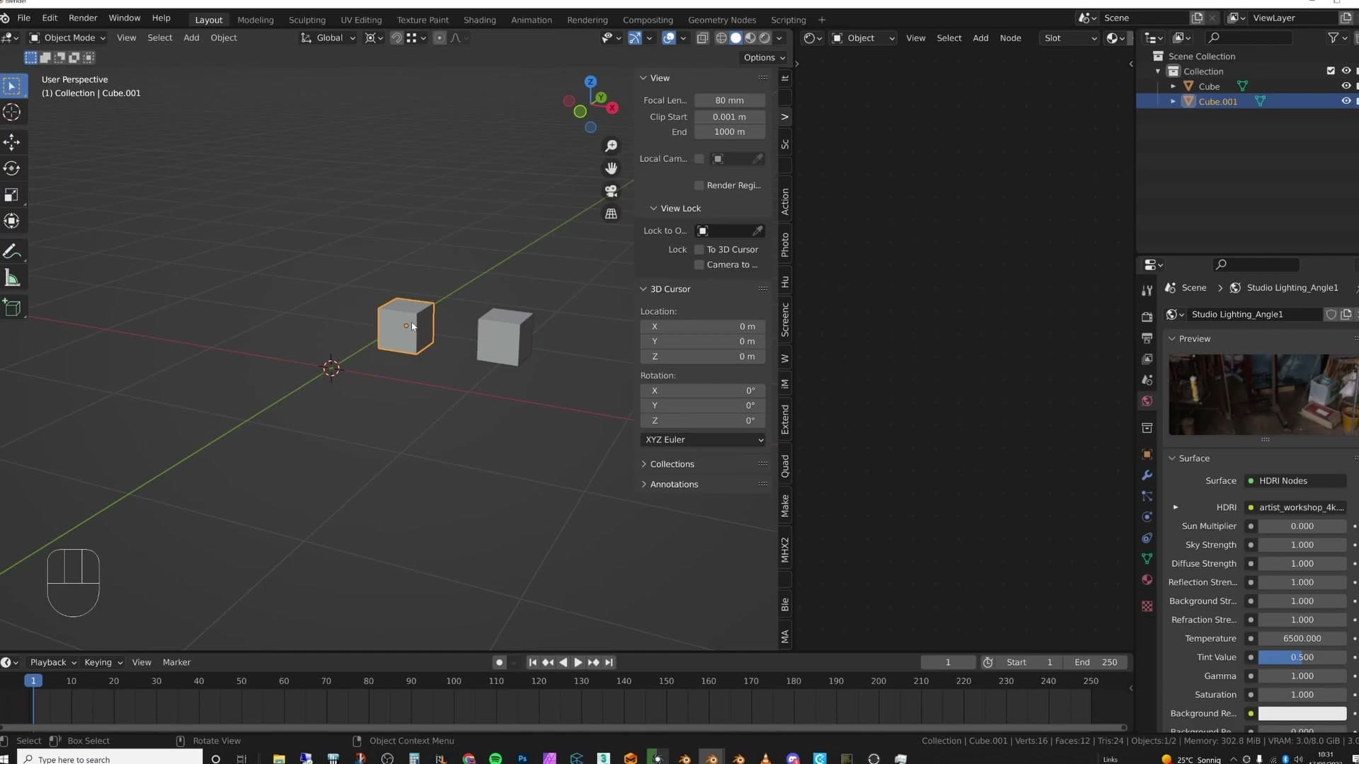 With pivot point set to 3D Cursor, both cubes rotate around the cursor rather than around themselves.