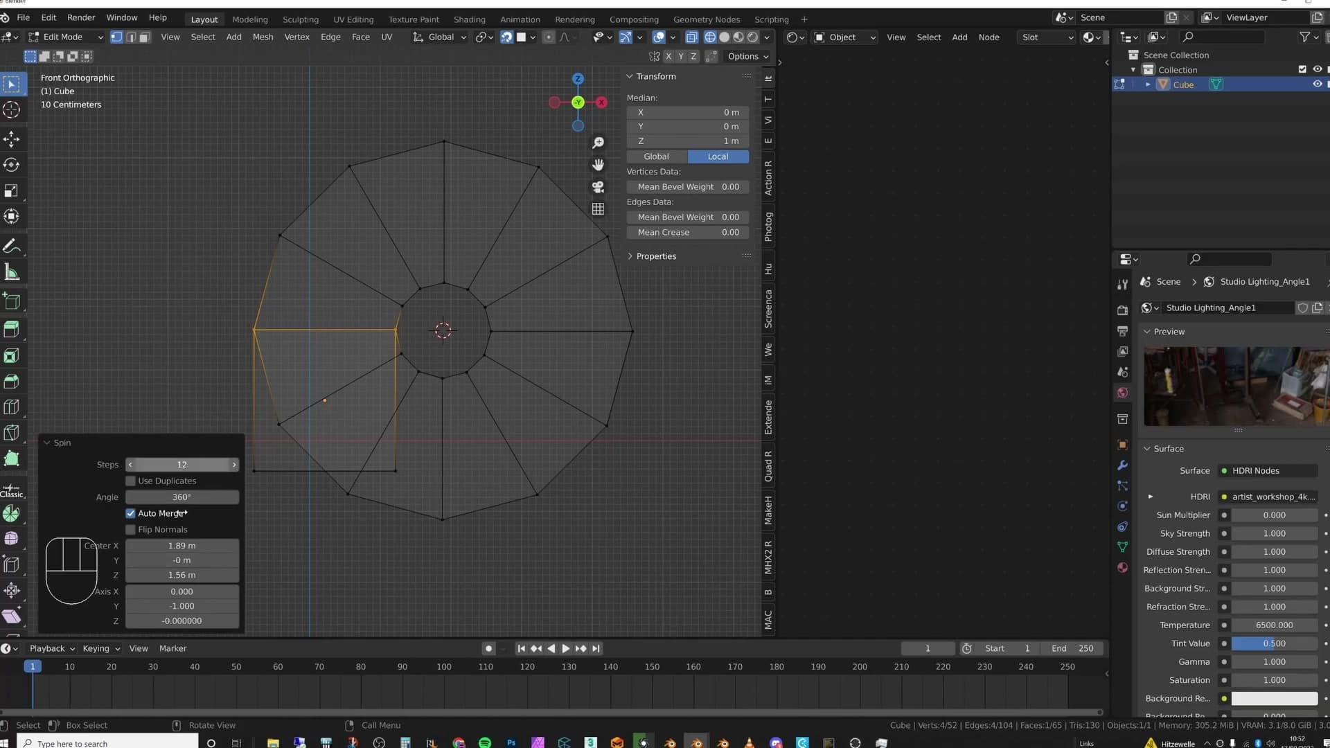 F3 → Spin: the operator revolves the selected face around the current 3D cursor position.