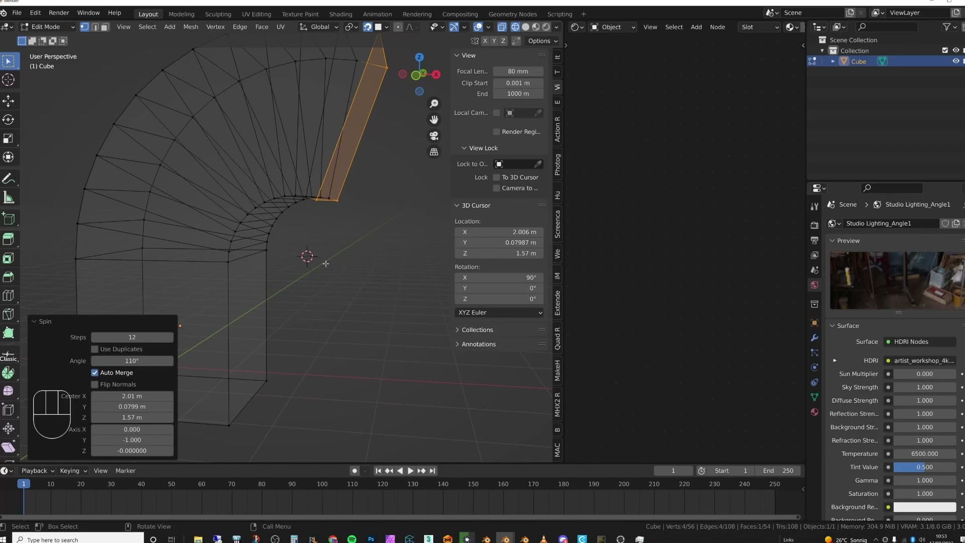 After snapping with Shift+S and tweaking one N-panel coordinate, the spin sweeps a clean arc.