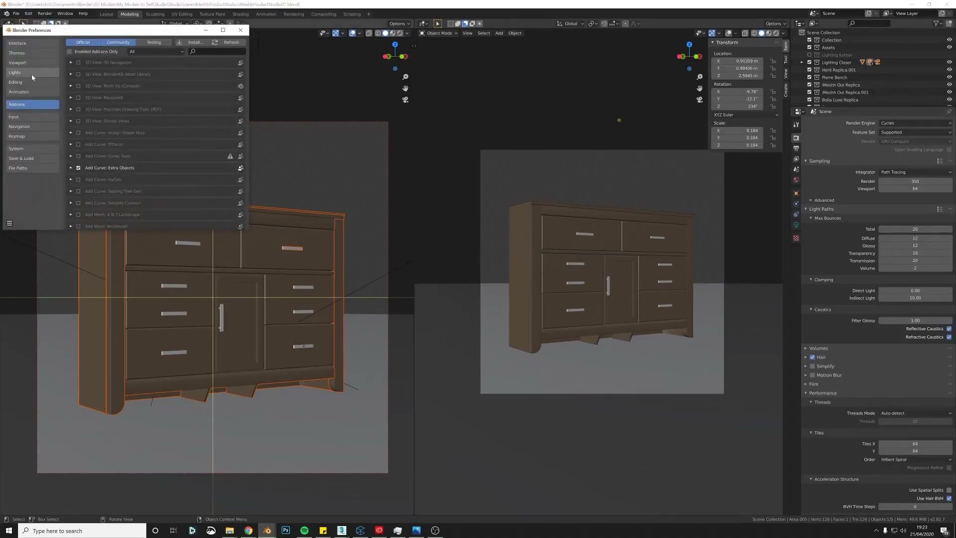 Cabinet successfully appended into iMeshh's free three-point Product Lighting Scene.