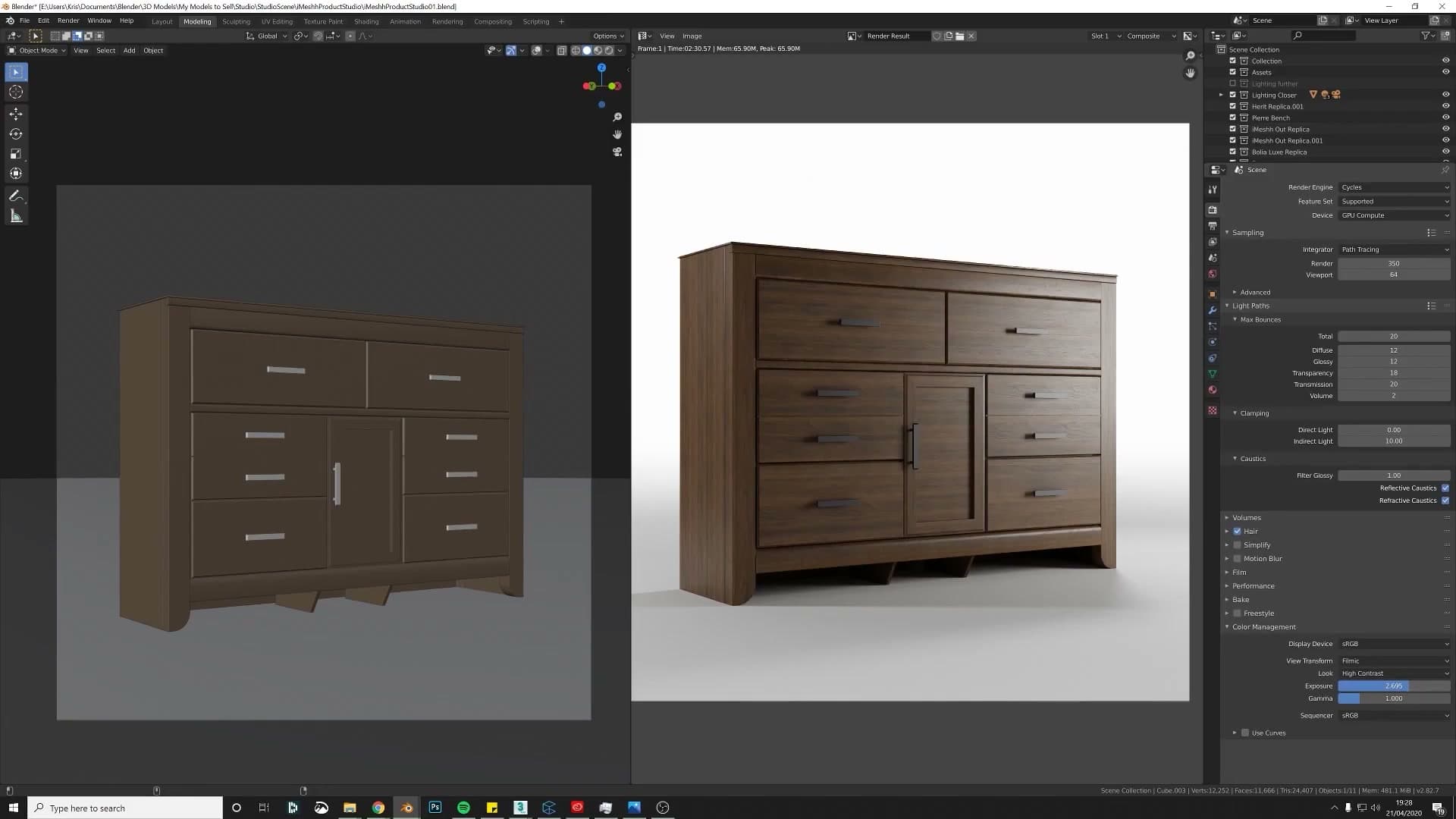 Render Properties > Color Management exposure raised to brighten the cabinet against the white background.
