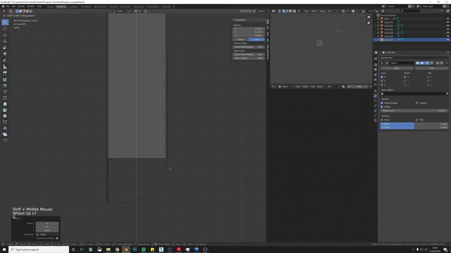 Extruding the bottom edge downward to start the curved section.