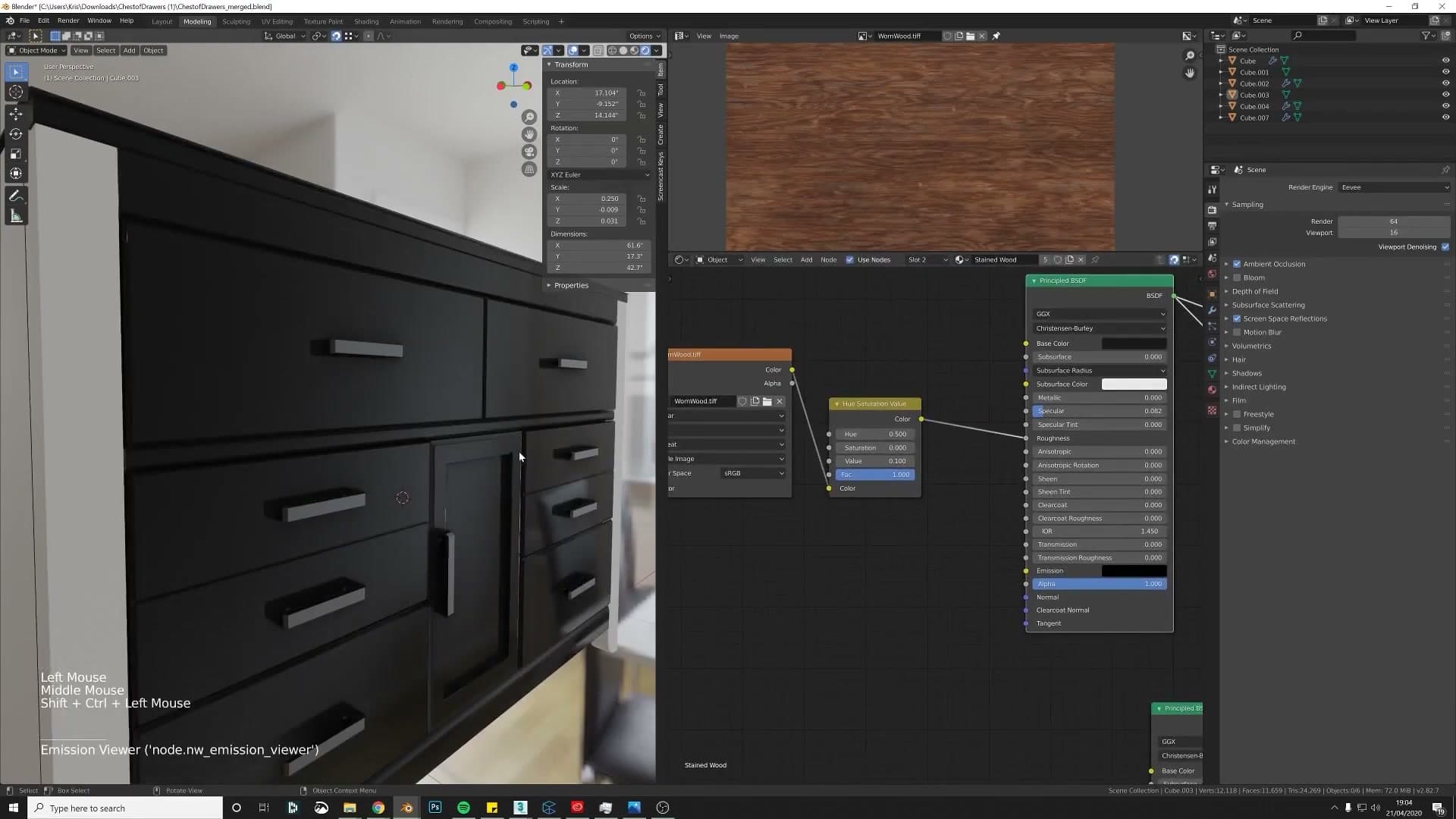 Diffuse texture piped through a desaturated Hue/Saturation node into the Principled BSDF's Roughness socket.