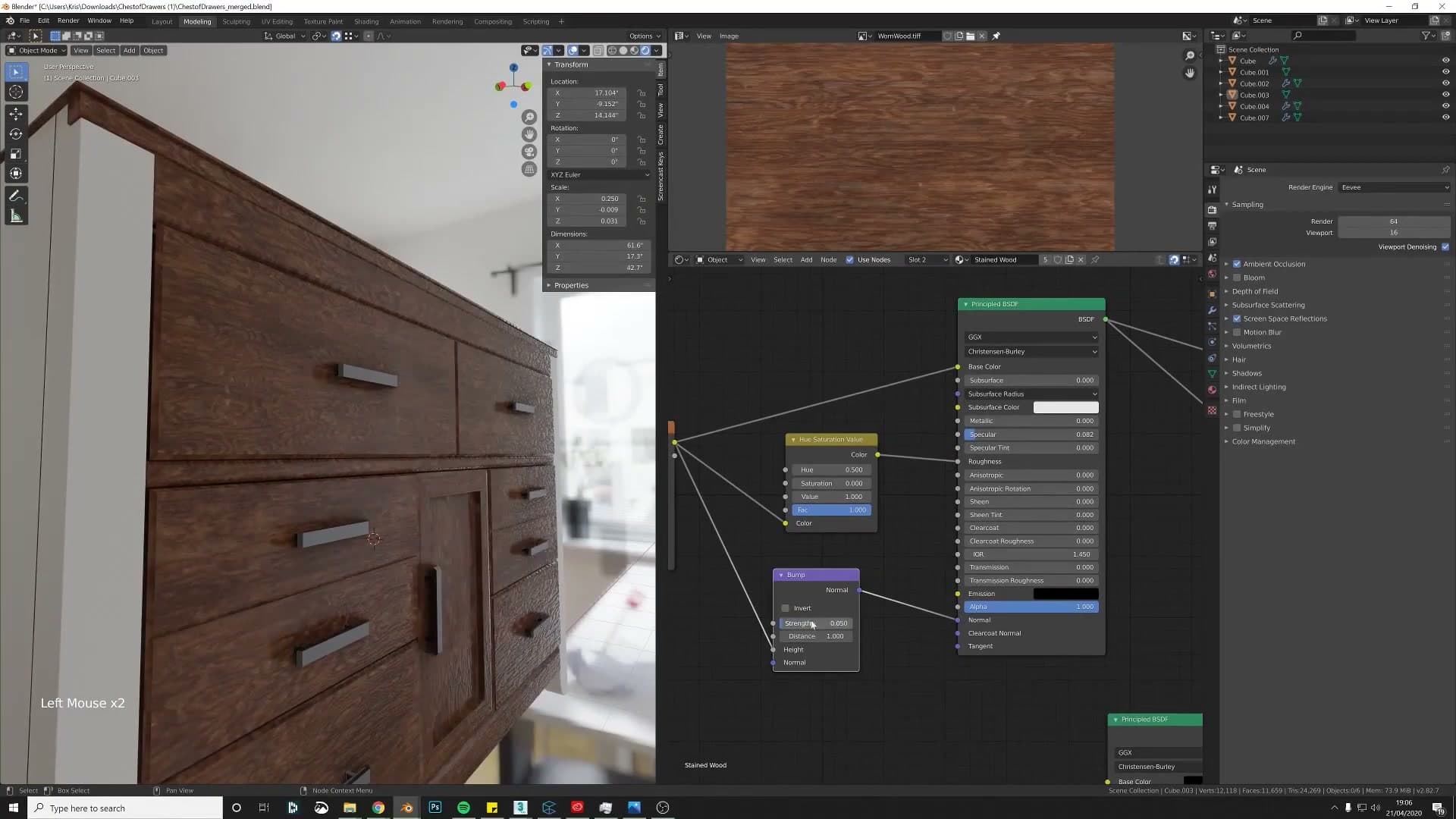 Ctrl+T adding Mapping + Texture Coordinate nodes to scale the wood tile.