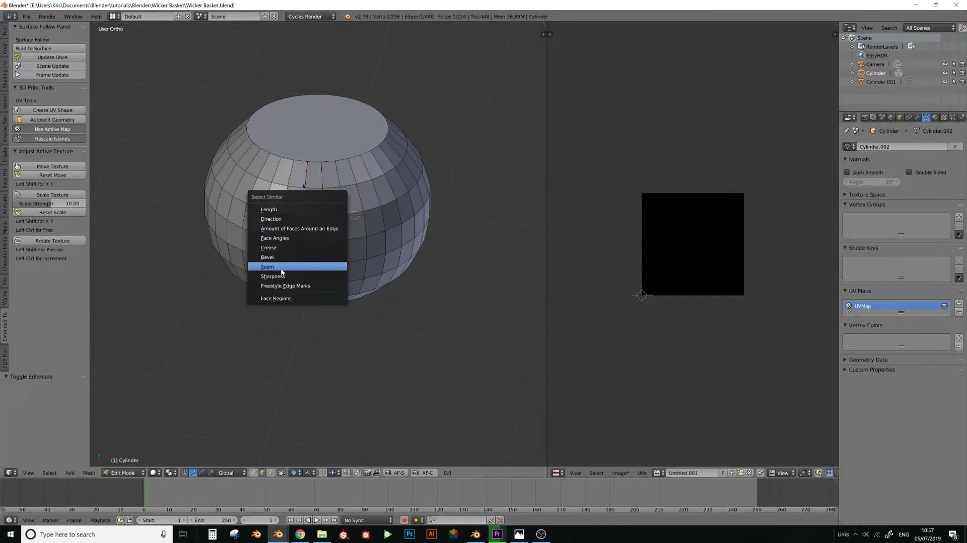 Surface Follow → Create UV Shape produces the flat plane the weave will be built on. Split at the seam with V so it unfolds cleanly.