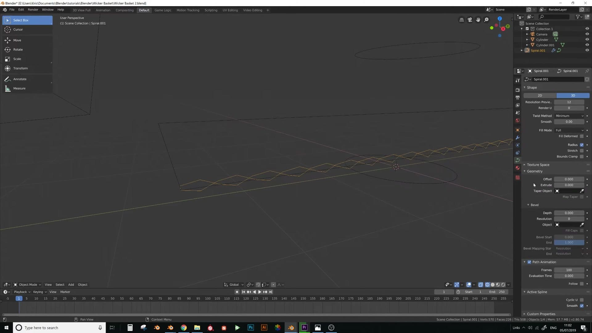 Array modifier with Relative Offset 1 on Y, Merge enabled. The spiral repeats and stitches into a continuous weave row.