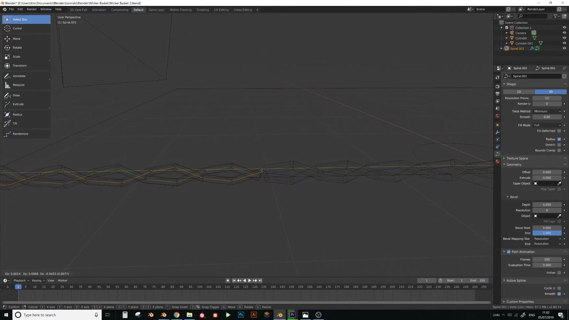 Adding bevel depth at this stage breaks the merge because the curve sections meet at varying angles instead of perpendicular.