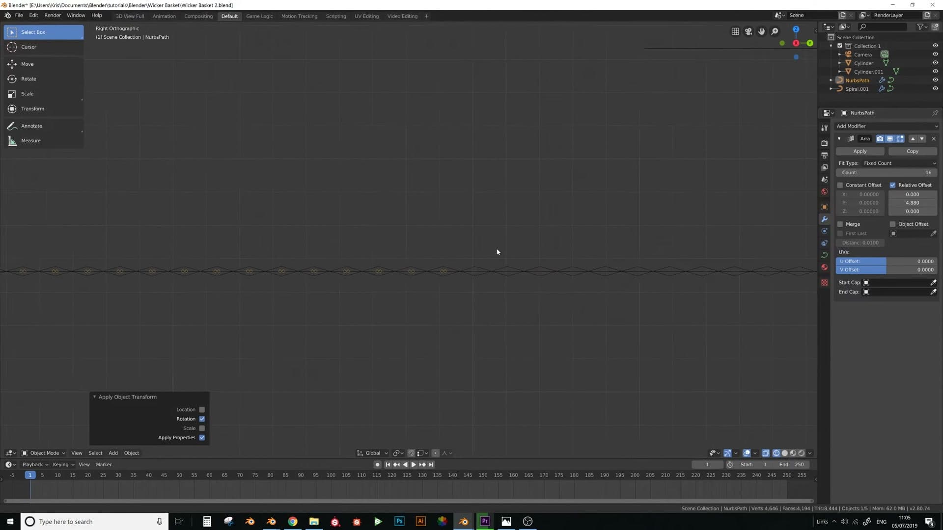 Array modifier on the support path, two supports per row matching the reference photo's double-strand pattern.