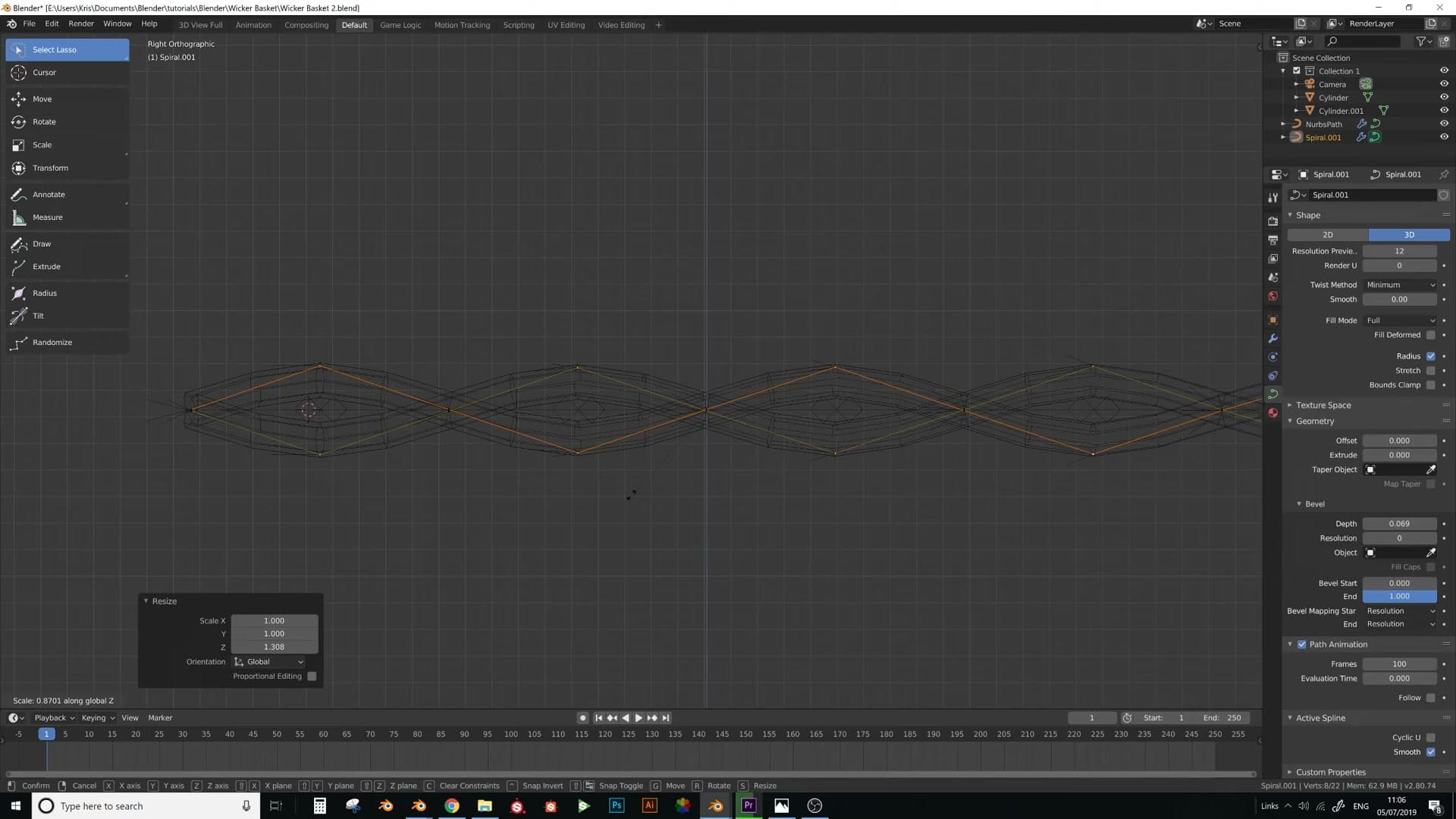 Temporary bevel + subsurface preview reveals that strands need scaling on Z to stop them overlapping too aggressively.