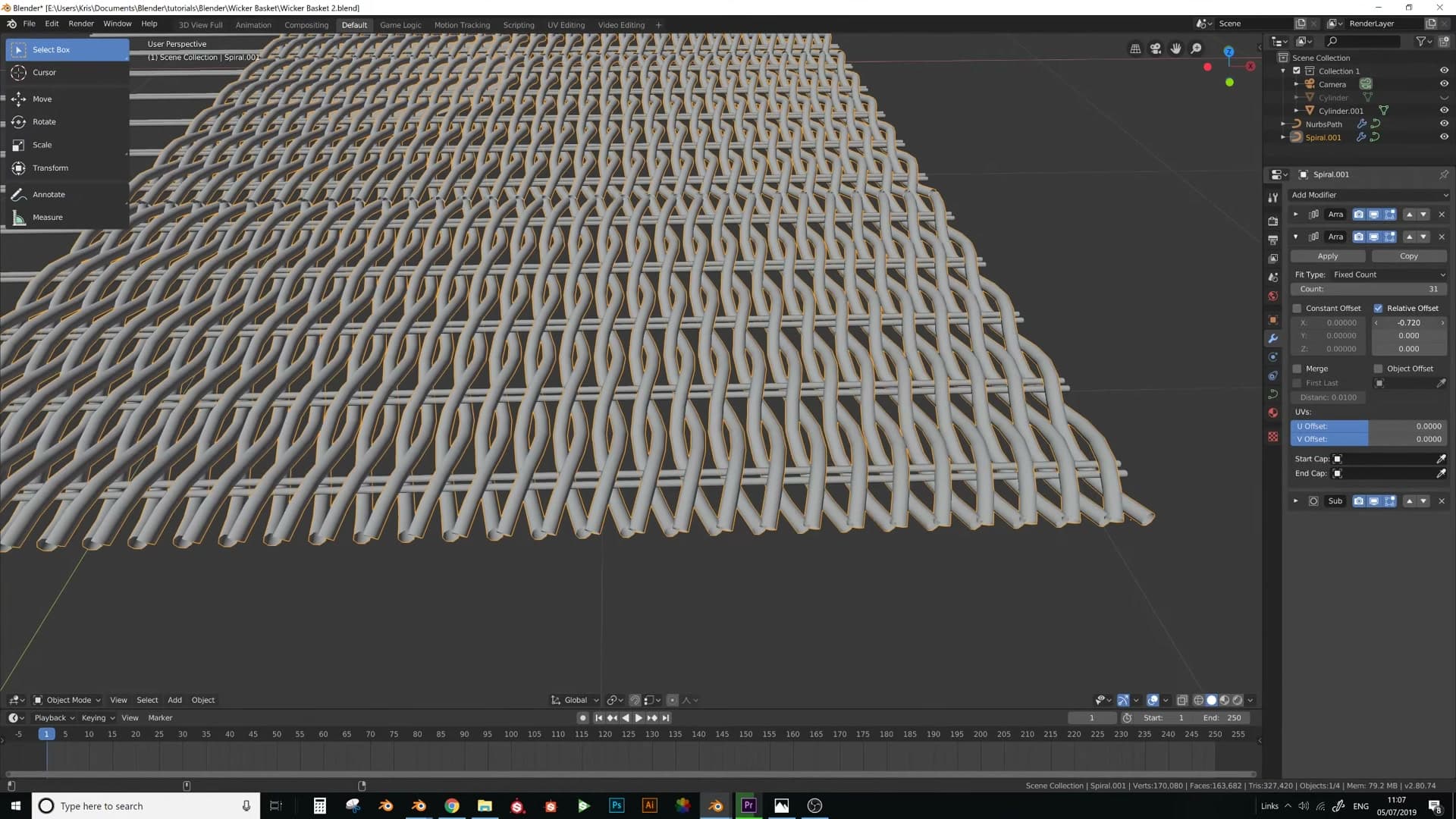 Second Array (offset -1 on Y) fills the back side of the weave, with Merge briefly turned off to inspect spacing.