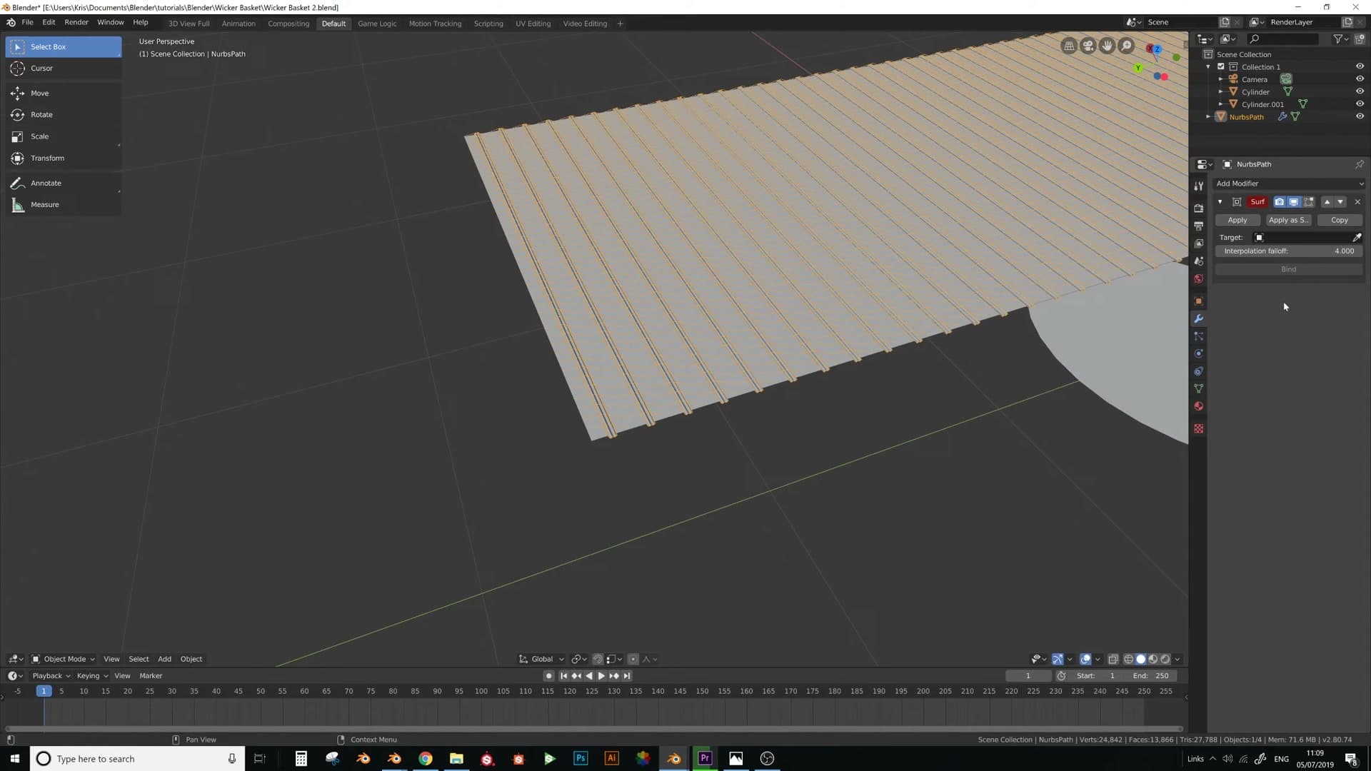 Surface Deform modifier on the joined weave mesh, Target set to the cylinder, Bind pressed. Vertices snap to the cylinder surface.