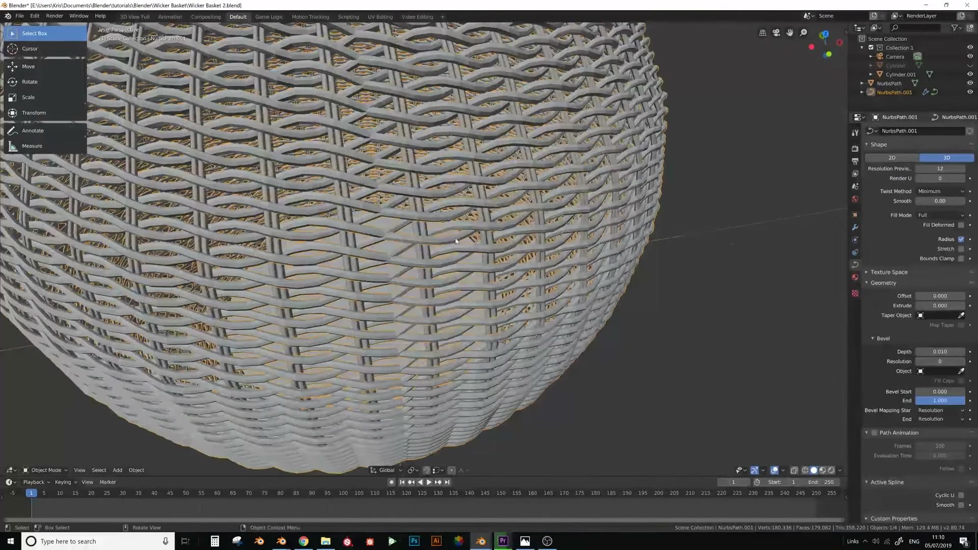 Surface Deform applied, mesh converted back to curve, bevel depth and subsurface re-added. The weave now has real thickness.