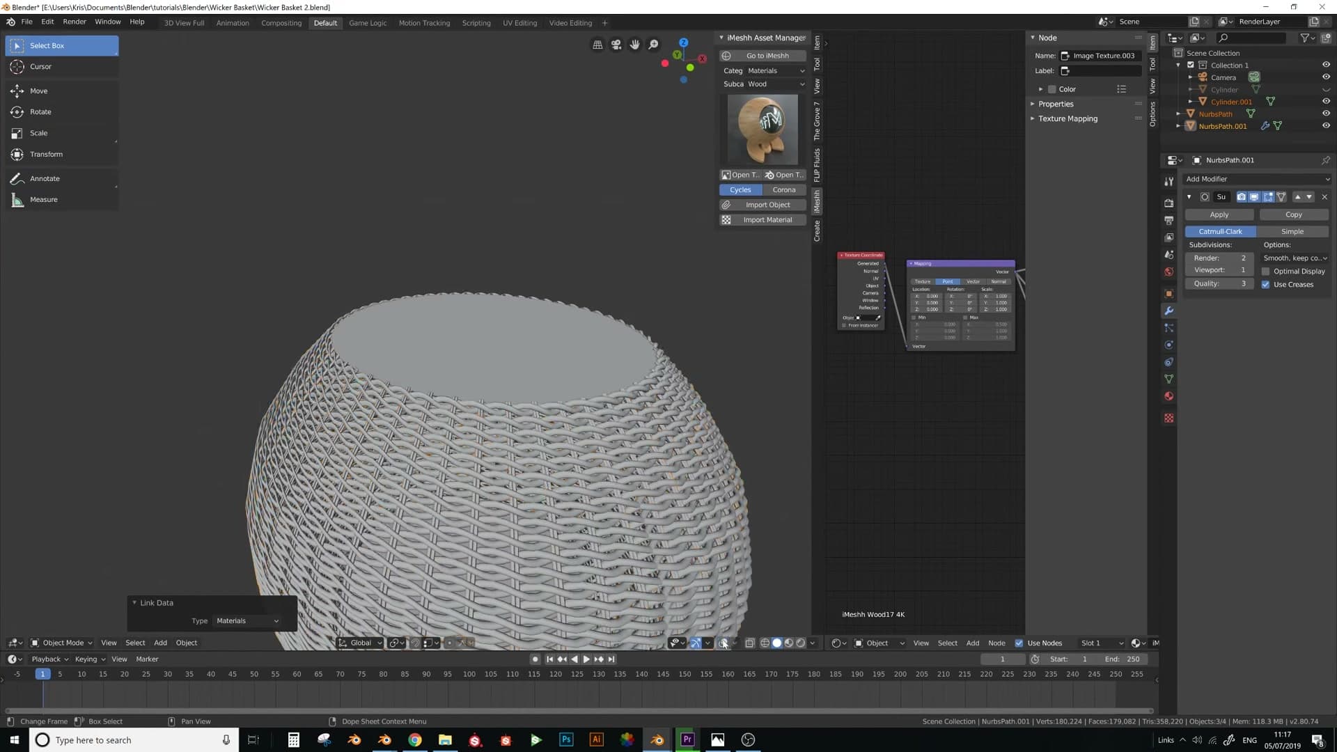 iMeshh wood material applied, image texture Vector set to Generated. Texture follows each woven strand automatically.