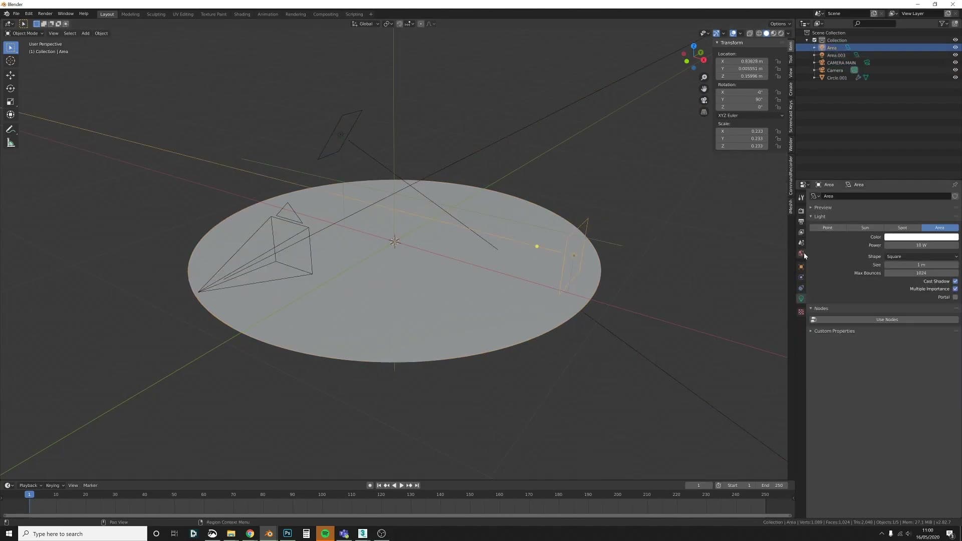 Starting scene: circle backdrop, camera, two area lights and an indoor HDRI