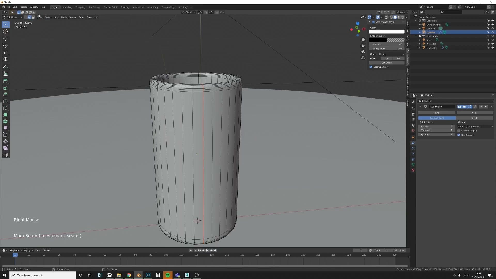 Seams marked on the inner lip and base ring in edge select mode