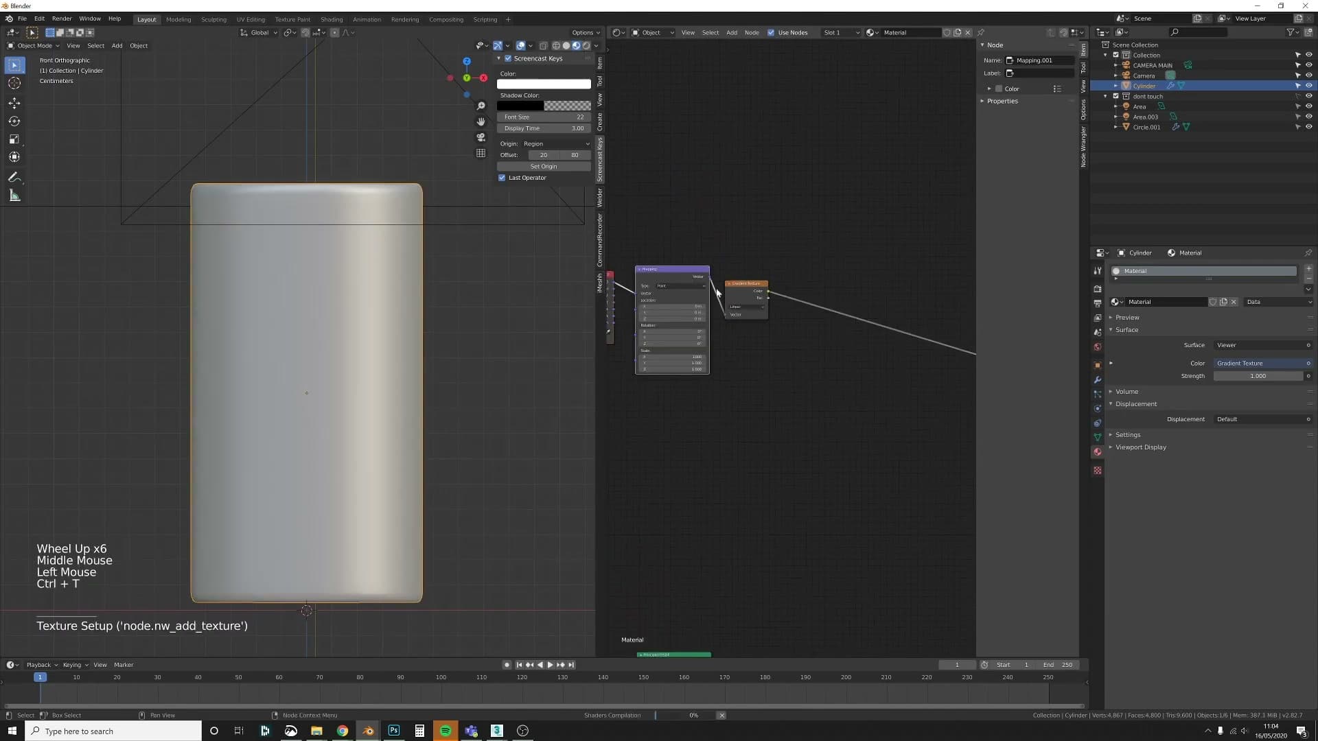 Gradient Texture wired through Ctrl+T-generated Texture Coordinates, rotated 90° on Y