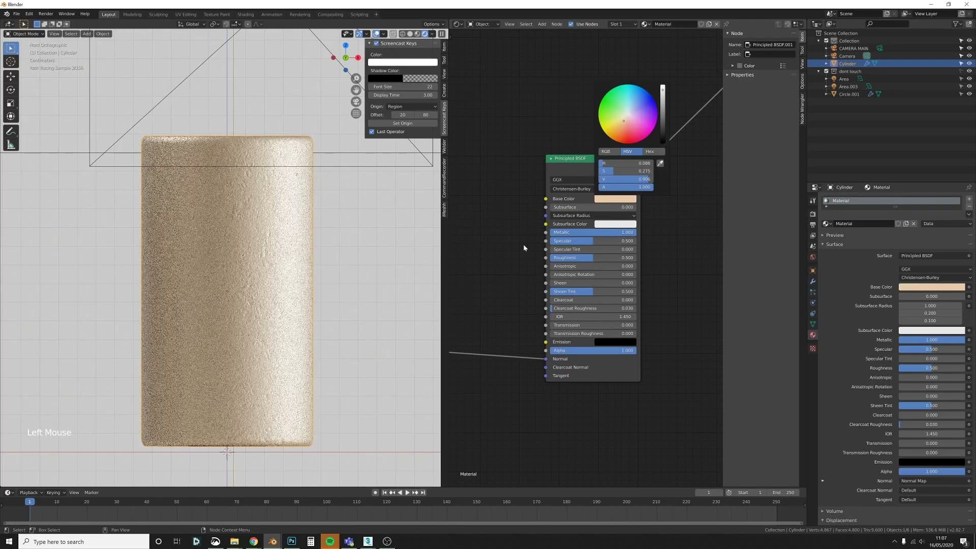 Painted gold metal: metallic up, roughness down, slight gold base colour
