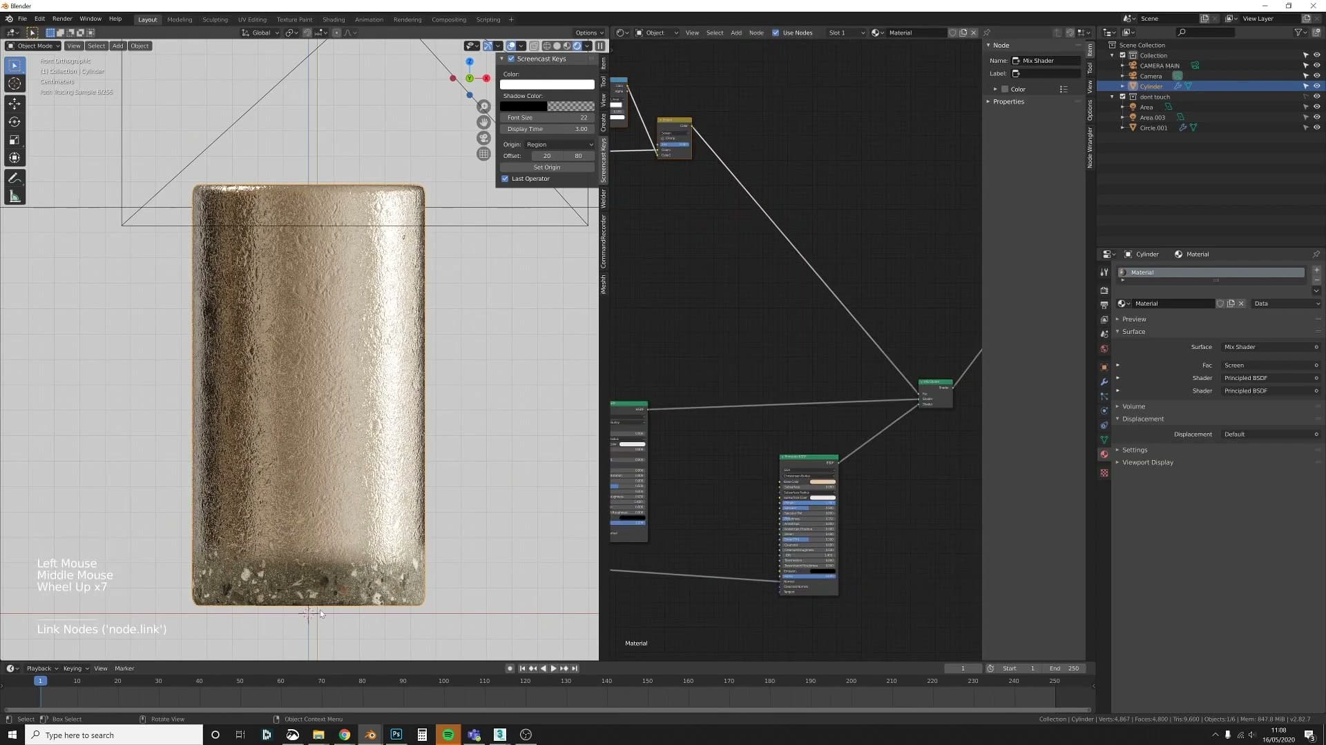 Mix Shader with the mask plugged into the factor, concrete fading into gold