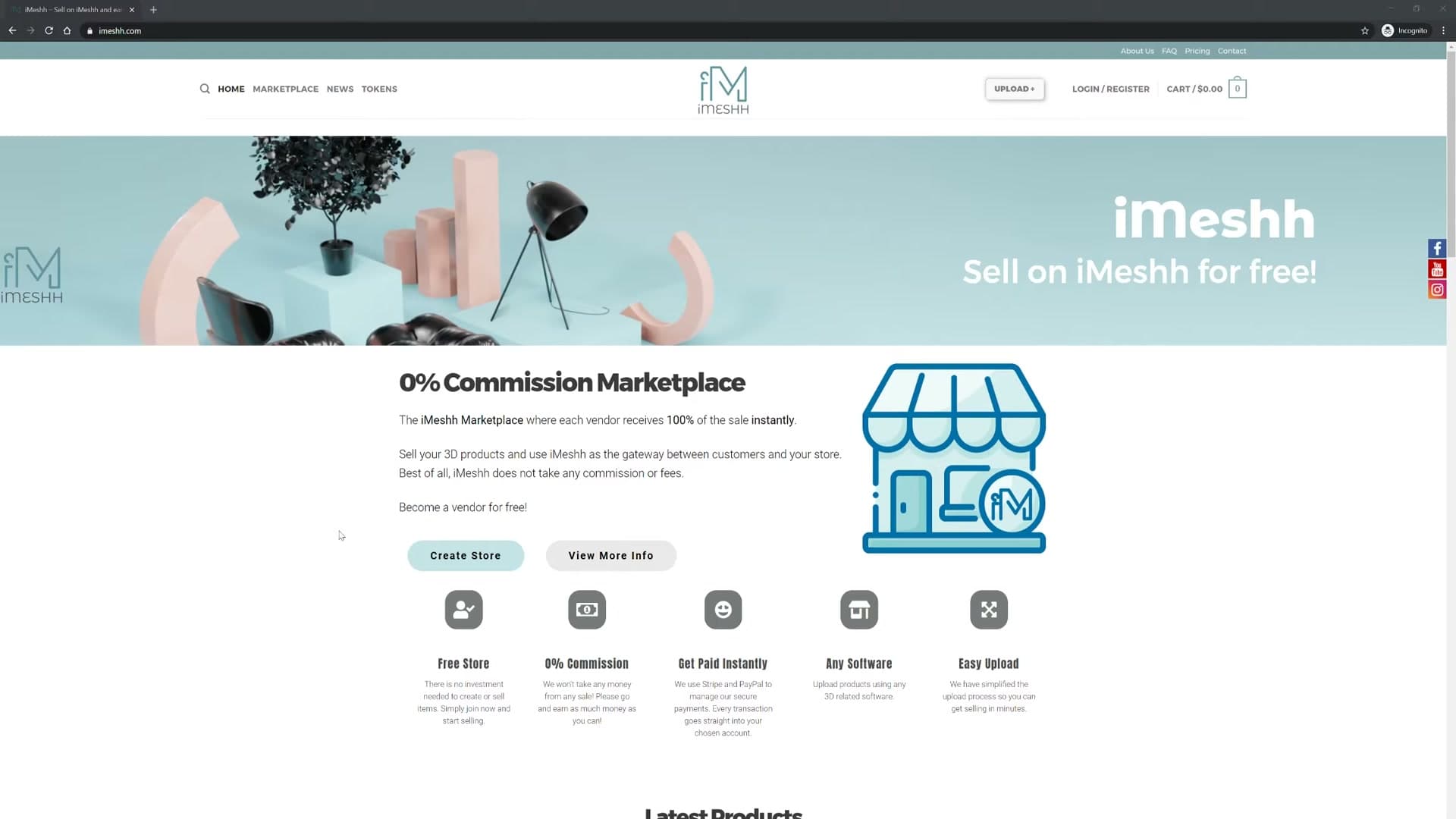 iMeshh marketplace homepage, showing the 0% commission positioning before the tutorial starts.
