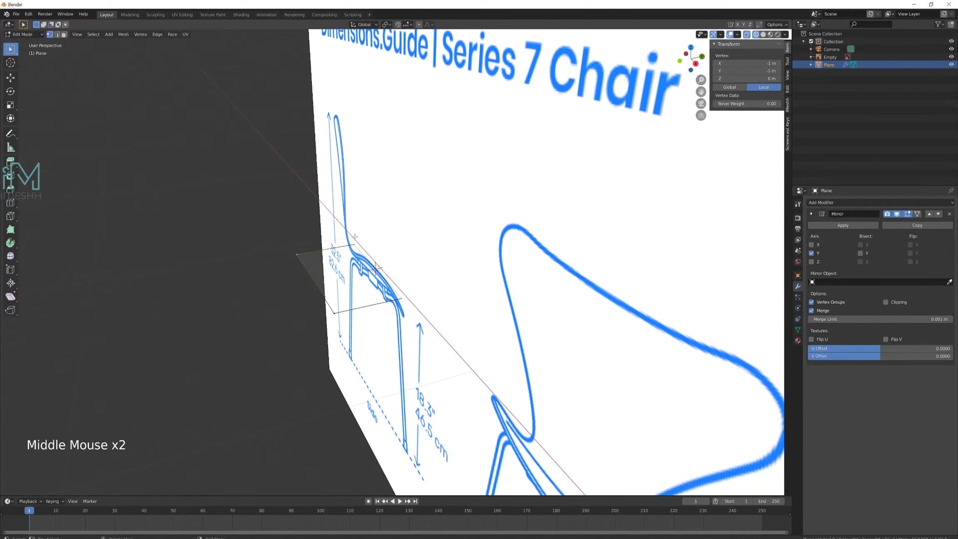 Mirror modifier added with the opposite-axis tick enabled so the chair is symmetrical.