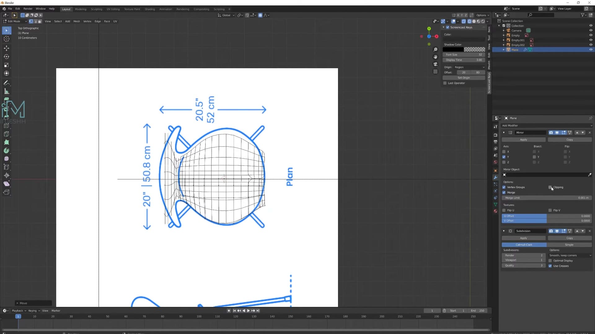 Proportional editing (O) turned on with clipping active so verts cannot cross the mirror plane.