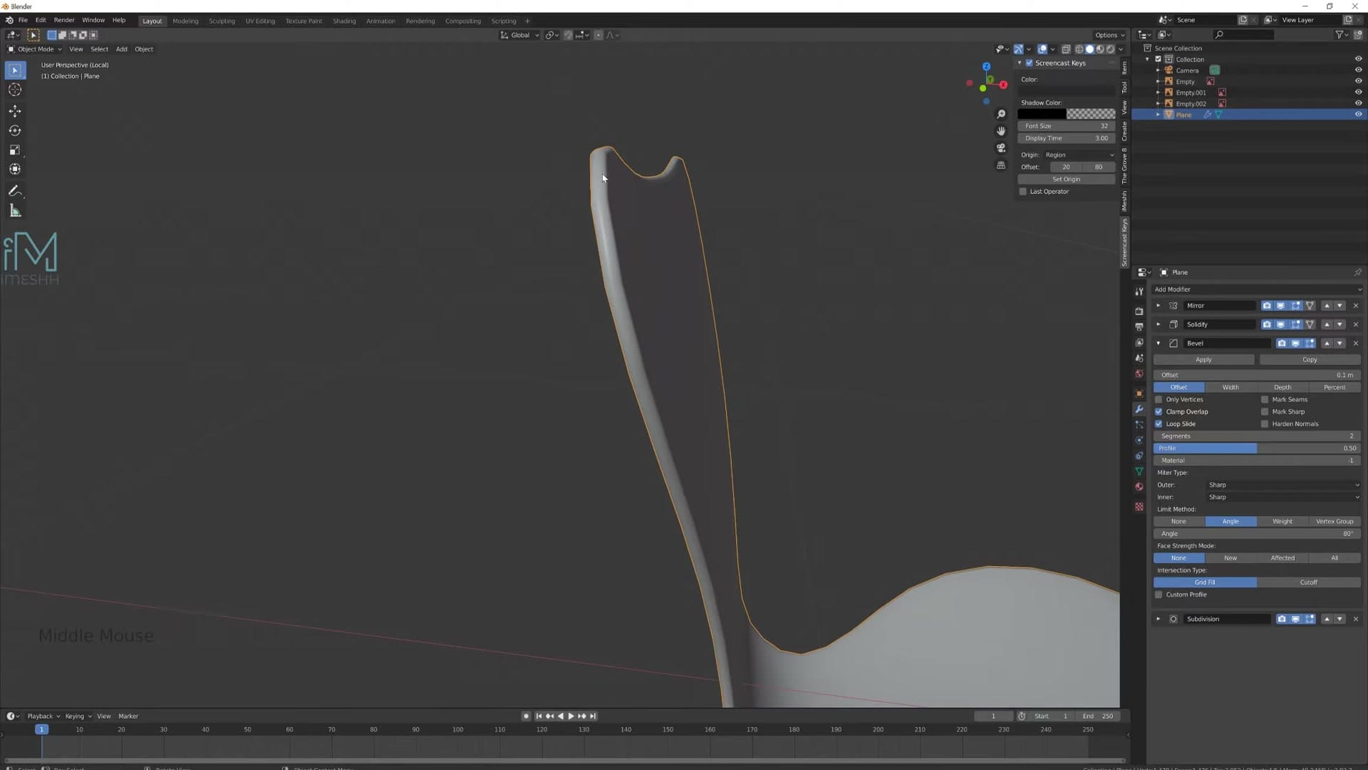 Bevel modifier in angle mode, threshold at 80 degrees so curved sections stay unbevelled.
